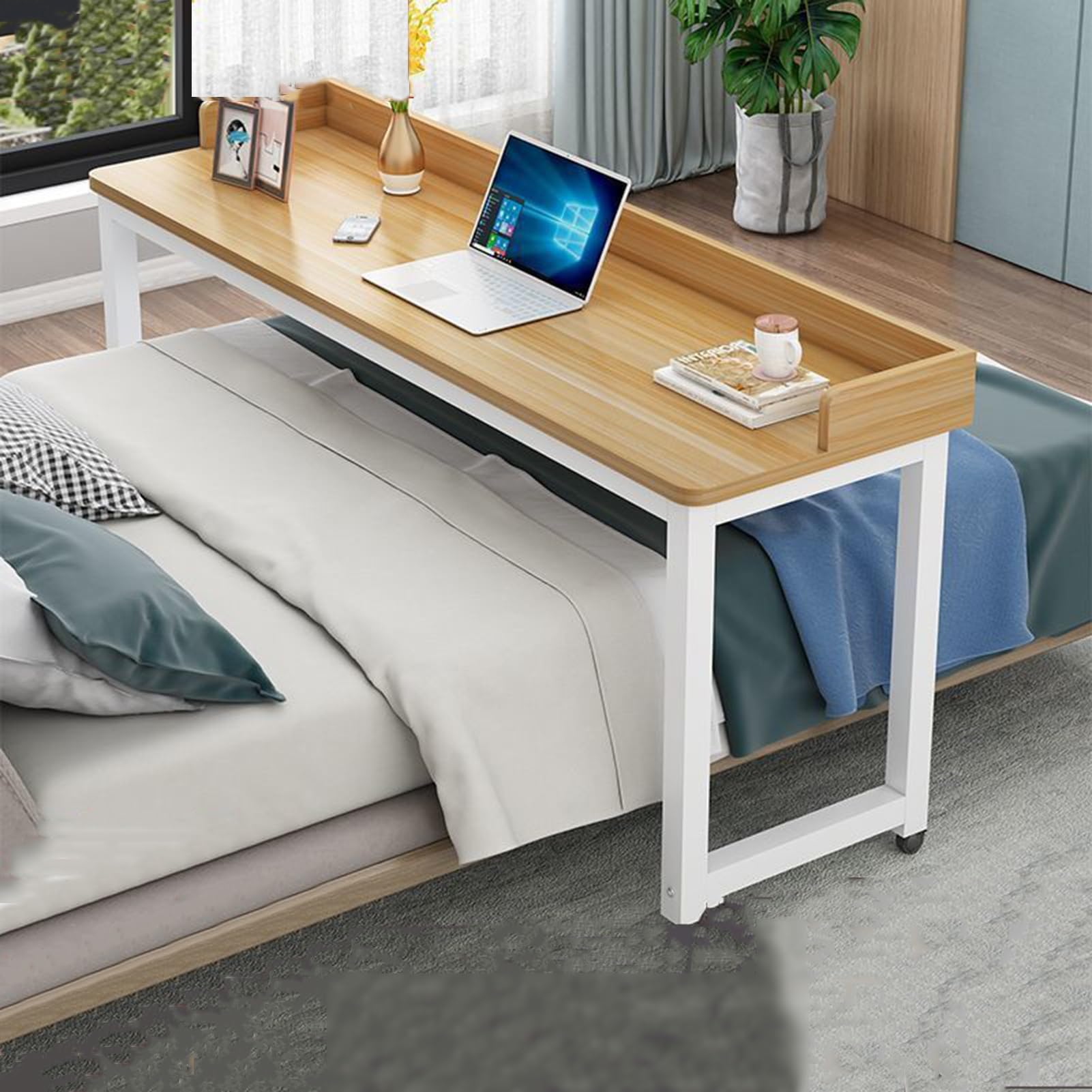 iumLeap Overbed Table Desk Mobile Cross-Bed Laptop Car, Metal Desk Legs, Portable Office Desk with Movable Wheels, Computer Desk for Home(Style 3 L140 x W40 x H80cm)
