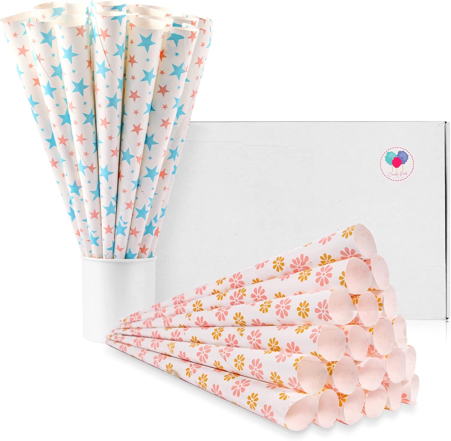 Cotton Candy Cones 50 Pack Pastel Stripes - Candy Park Multicolor Paper Cones, For Cotton Candy Machines & Candy Floss Sugar, Party Supplies for Birthday, Easter, Celebrartions & Consession Stand