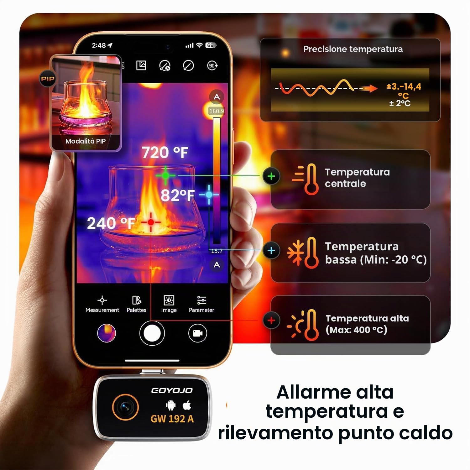 Telecamera termica USB C, risoluzione IR 192×192, angolo di visione ampio 50°, ideale per ispezioni di edifici, controlli elettrici e ispezioni di tubazioni (compatibile con iOS e Android, adattatore