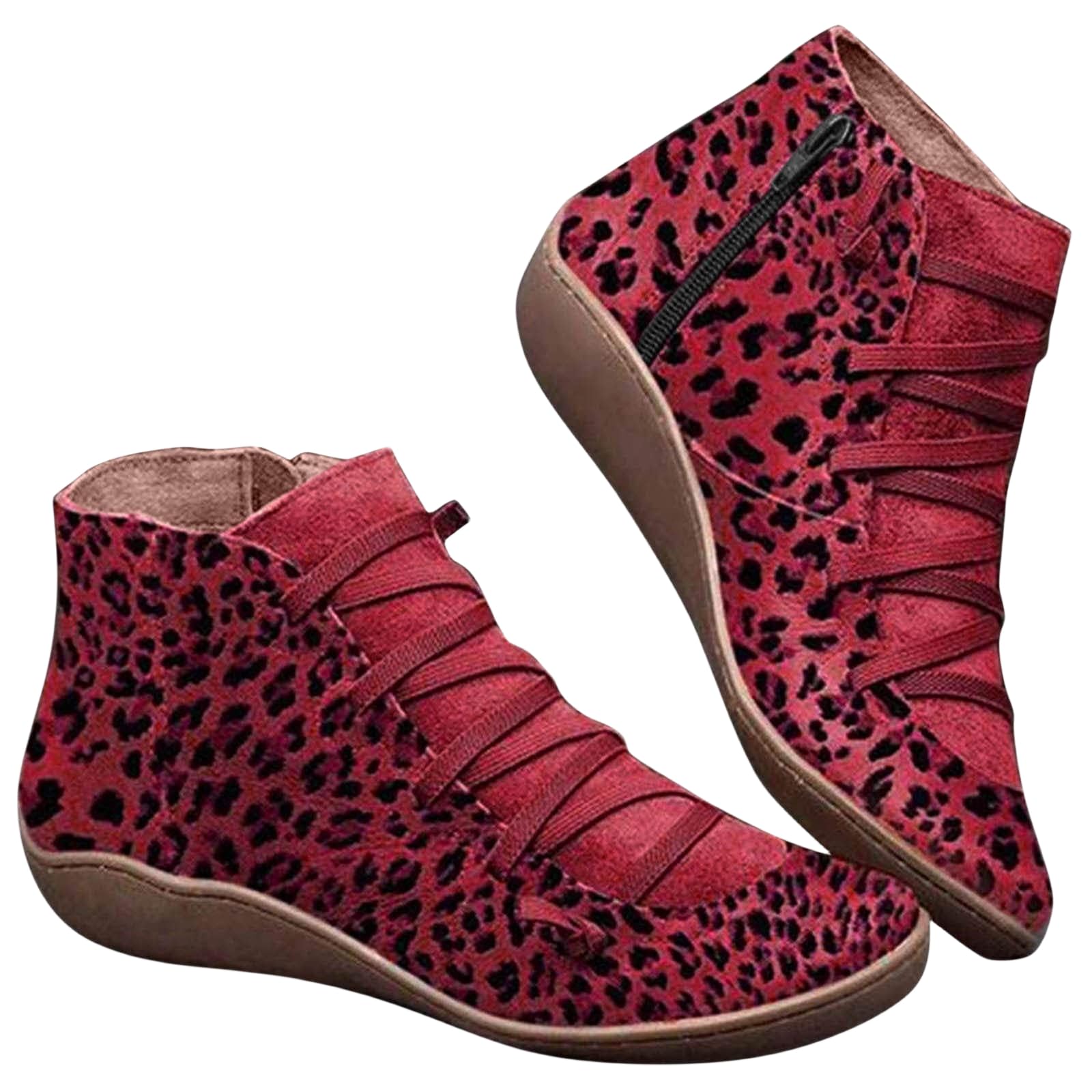 Womens Ankle Boots Arch Support Comfy Lace Up Flat Heel Ankle Booties Fashion No Heel Side Zipper Retro
