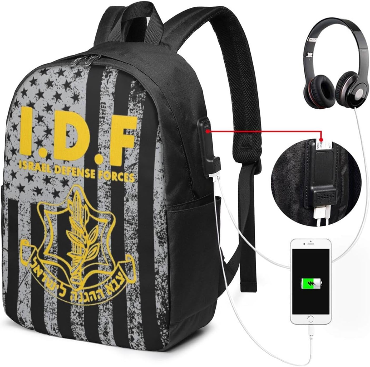 IDF Israel Defense Forces Travel Laptop Backpack Bag with USB Charging Port 17 Inch Computer Business Backpacks for Men Work College Gift,Casual Daypack,Black