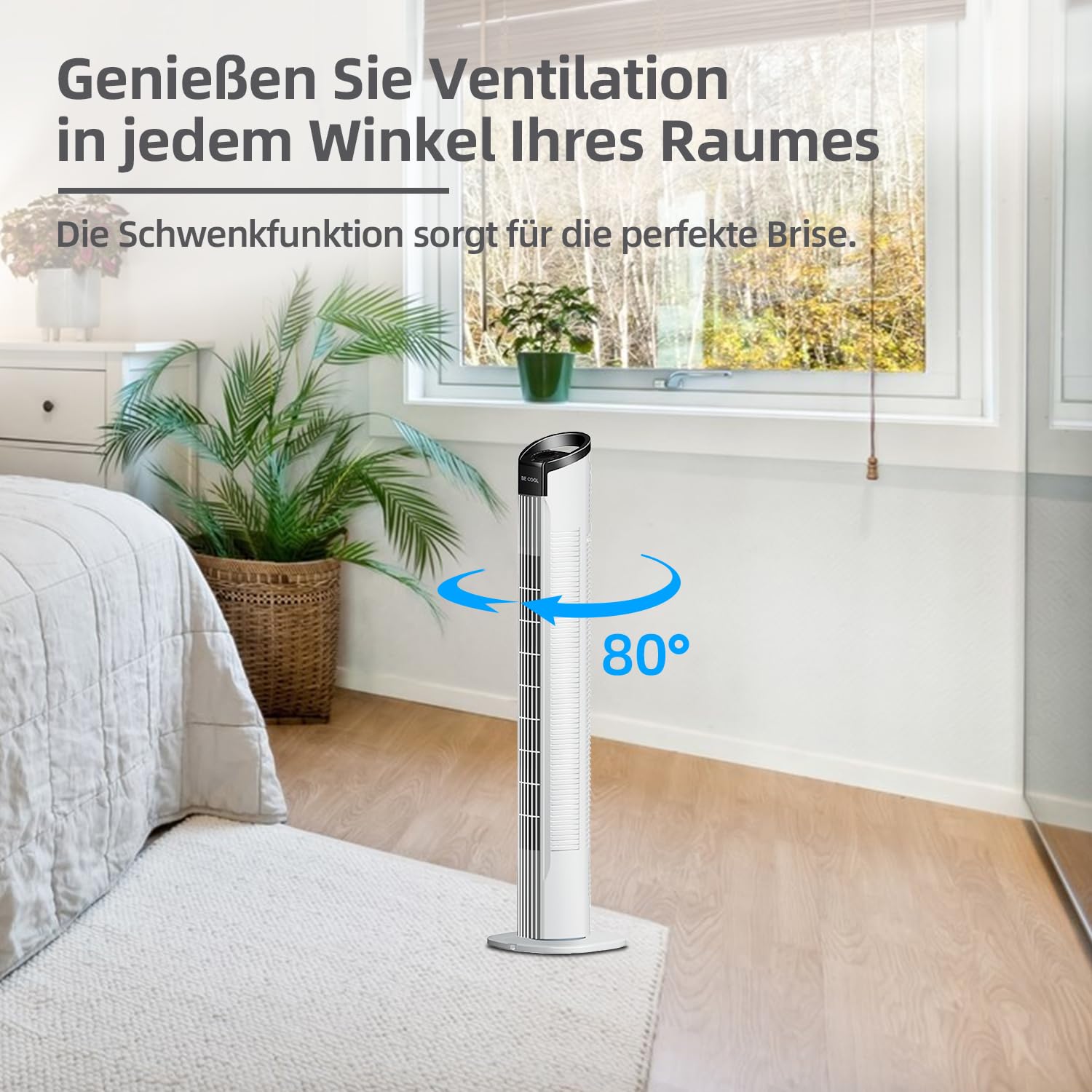 Be Cool Wentylator kolumnowy – efektywny wentylator do wnętrz, 3 poziomy prędkości, smukła konstrukcja, cicha praca – 78 cm, biały