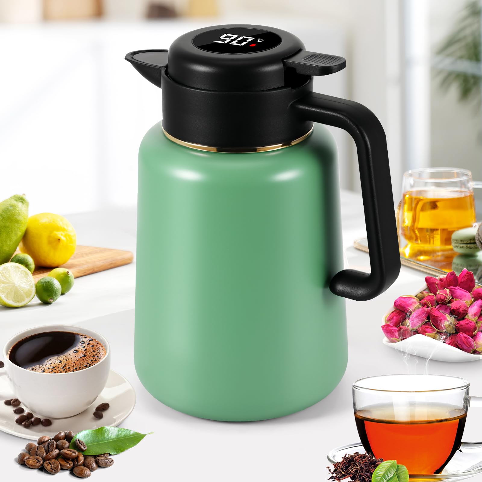 Termos 1,5 l z sitkiem do herbaty, ze stali nierdzewnej, izolowany dzbanek do kawy ze wskaźnikiem temperatury, dzbanek do herbaty, termiczny z sitkiem, izolacja próżniowa z podwójnymi ściankami, do