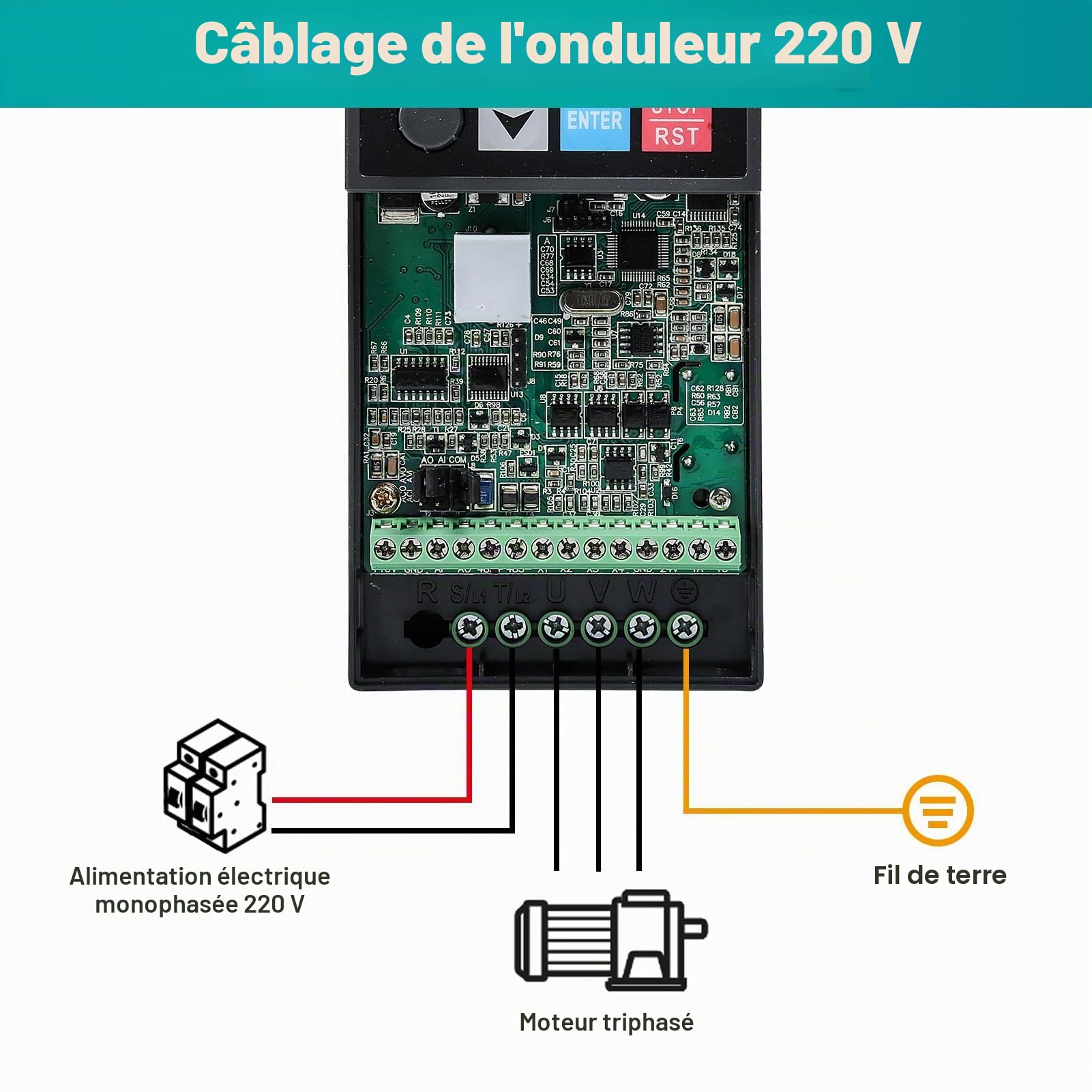 DEWIN Variateur de Fréquence 2,2 KW, VFD Convertisseur de Fréquence Contrôleur de Vitesse du Moteur Entrée Monophasée Sortie Triphasée