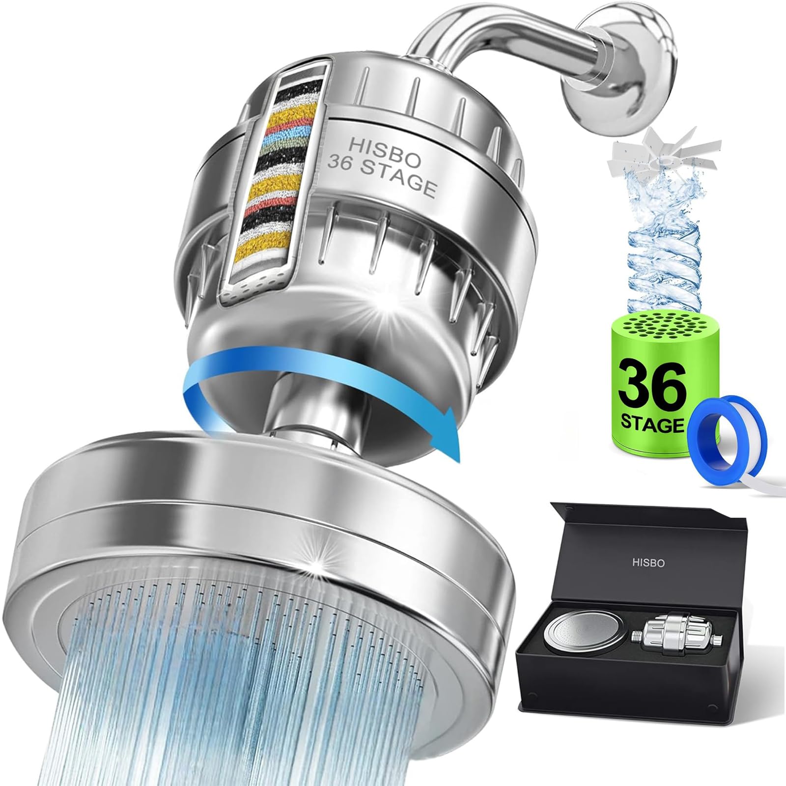 Hisbo Green, Silver 36-Stage Shower Head Filter With Vitamin C E For Hard Water-Upgraded Replaceable Cartridge,High Output Water Filter For Removing Chlorine And Fluoride