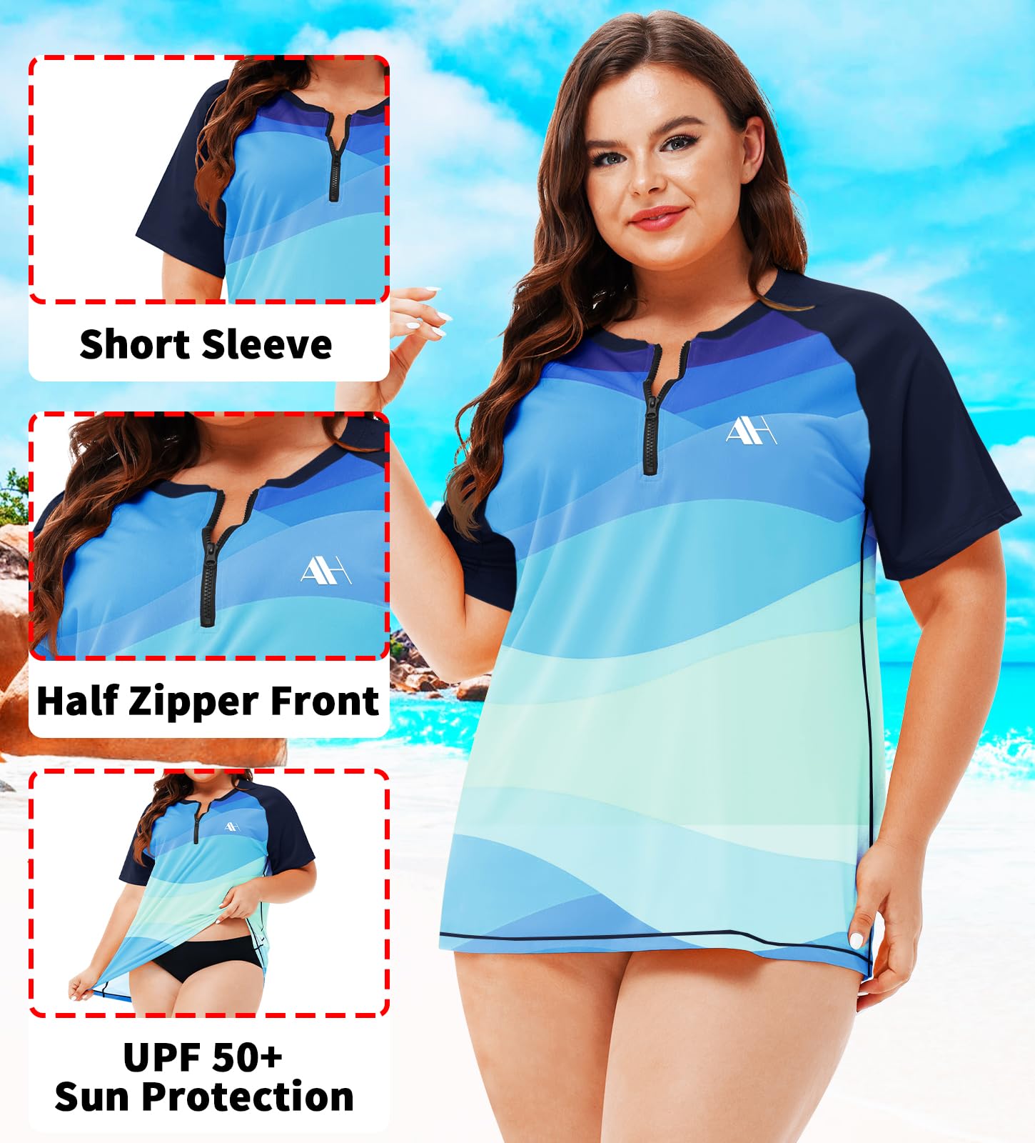 Damen Rashguard Übergröße UV Shirt Schnelltrocknend Badeshirt 1/4 Zip Schwimmshirt