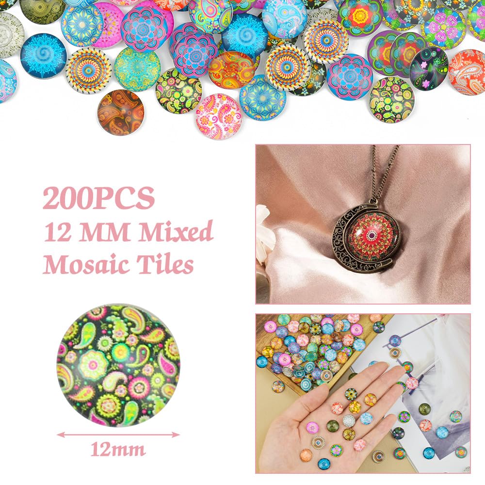 Suiwki 200 Pezzi 12 mm Cabochons di Vetro Mosaico Stampato Colorato cabochon in vetro Cabochons con Cupola in Vetro Pietre semitonde per gioielleria e artigianato, spessore 4 mm