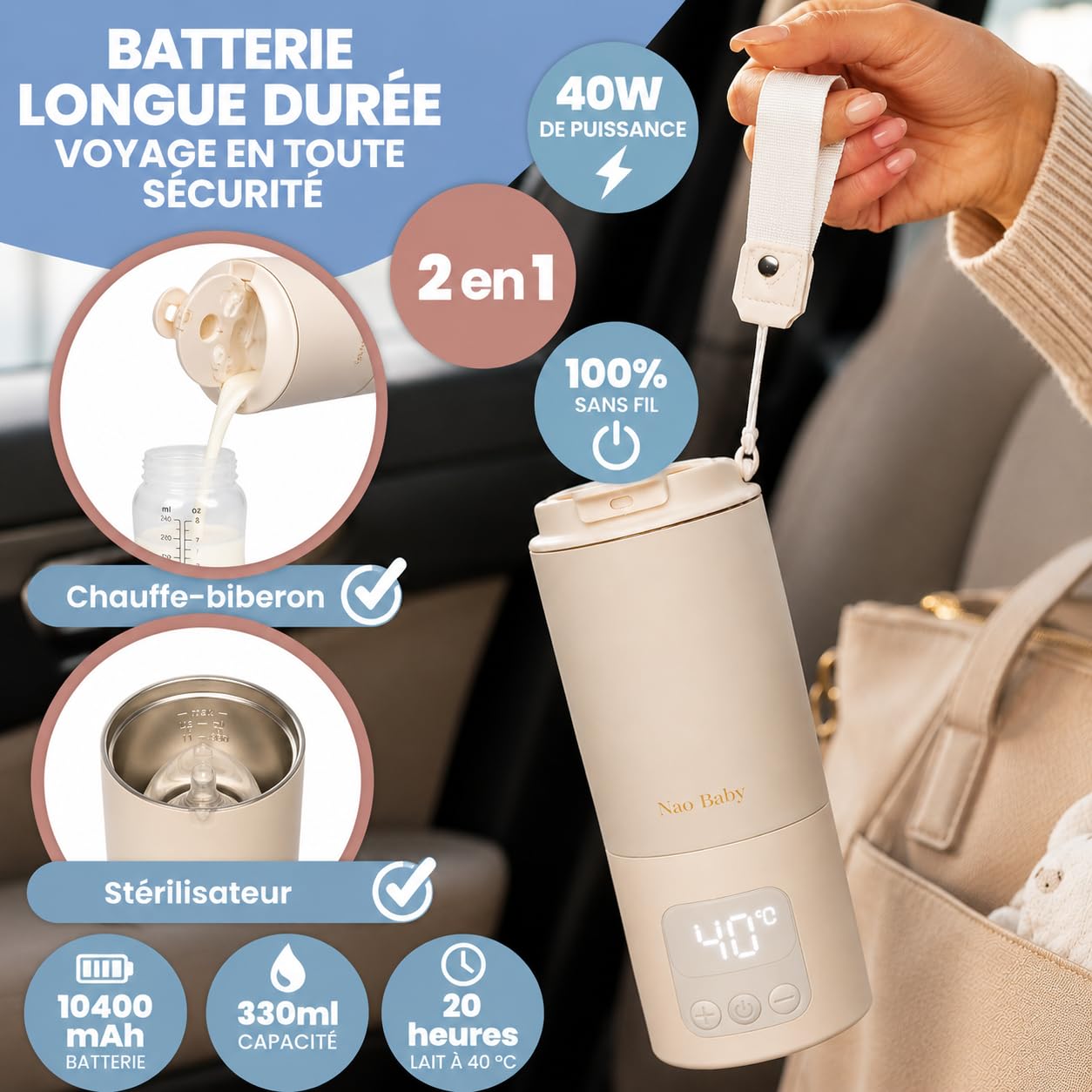 Chauffe Biberon Nomade 2 en 1 avec Fonction Stérilisation Biberon – Chauffe Biberon Portable Sans Fil, Charge Rapide, Batterie 10400 mAh, Contrôle Précis de la Température, Anti-Fuite