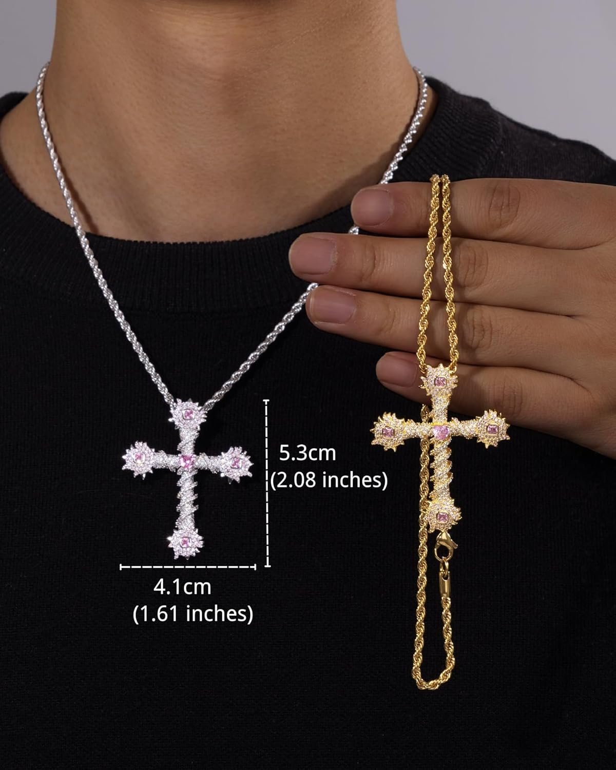Lulu Mel Iced Out White Gold Plated Cubic Zirconia Stone Cross Necklace With Rope Chain, Trendy Hip Hop Cross Chain Jesus Necklace For Men Women - Image 3