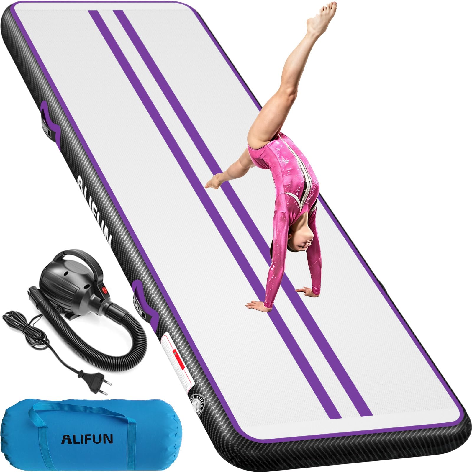 ALIFUN Air Matte Track, 2m/3m/4m/6m Aufblasbar Gymnastikmatte, Turnmatte, Tumbling Matten 10/20cm hoch mit Luftpumpe Geeignet für zu Hause,Fitnessstudio, Training, Cheerleading, Schwimmbad