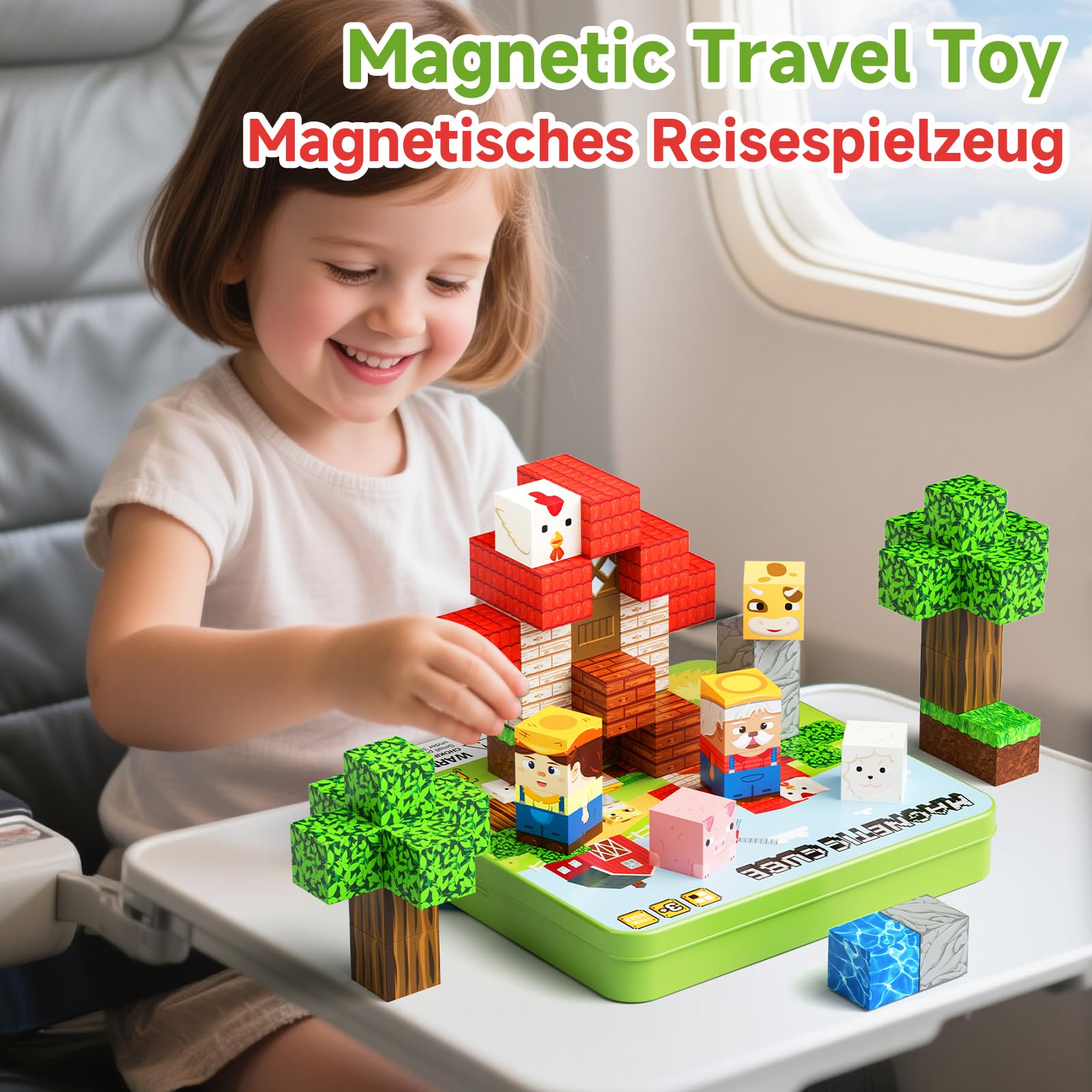 Giocattoli da viaggio a blocchi magnetici, 49 pezzi di blocchi da costruzione magnetici per bambini da 3-8 anni, giocattoli da viaggio per l'apprendimento prescolare STEM (Tema della fattoria)