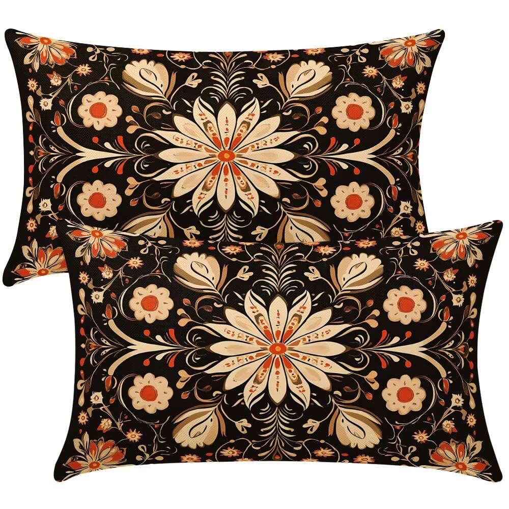 Cushion Covers 40cm x 70cm American Flowers Cushion Cover 16 x 28 Inches Pack of 2 Throw Pillow Covers Retro Sofa Cushions Polyester Linen Pillowcases for Couch Living Room Bedroom Home Decor -SC519