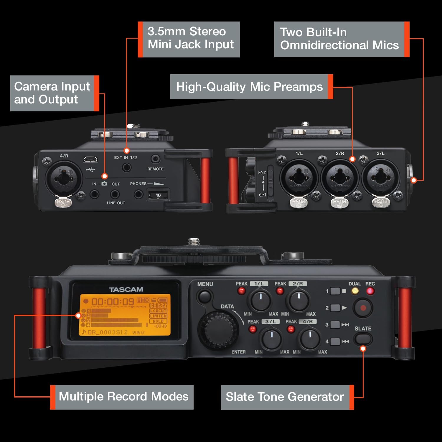 TASCAM DR-70D with labeled inputs and outputs