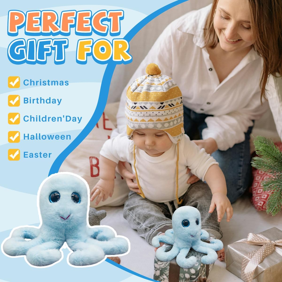Octopus Plush Toy Cute Blue Octopus Stuffed Animal 10 Inches Soft Stuffy Small Plushies Ocean Stuffed Animals Birthday Gifts for Kids Girls Boys