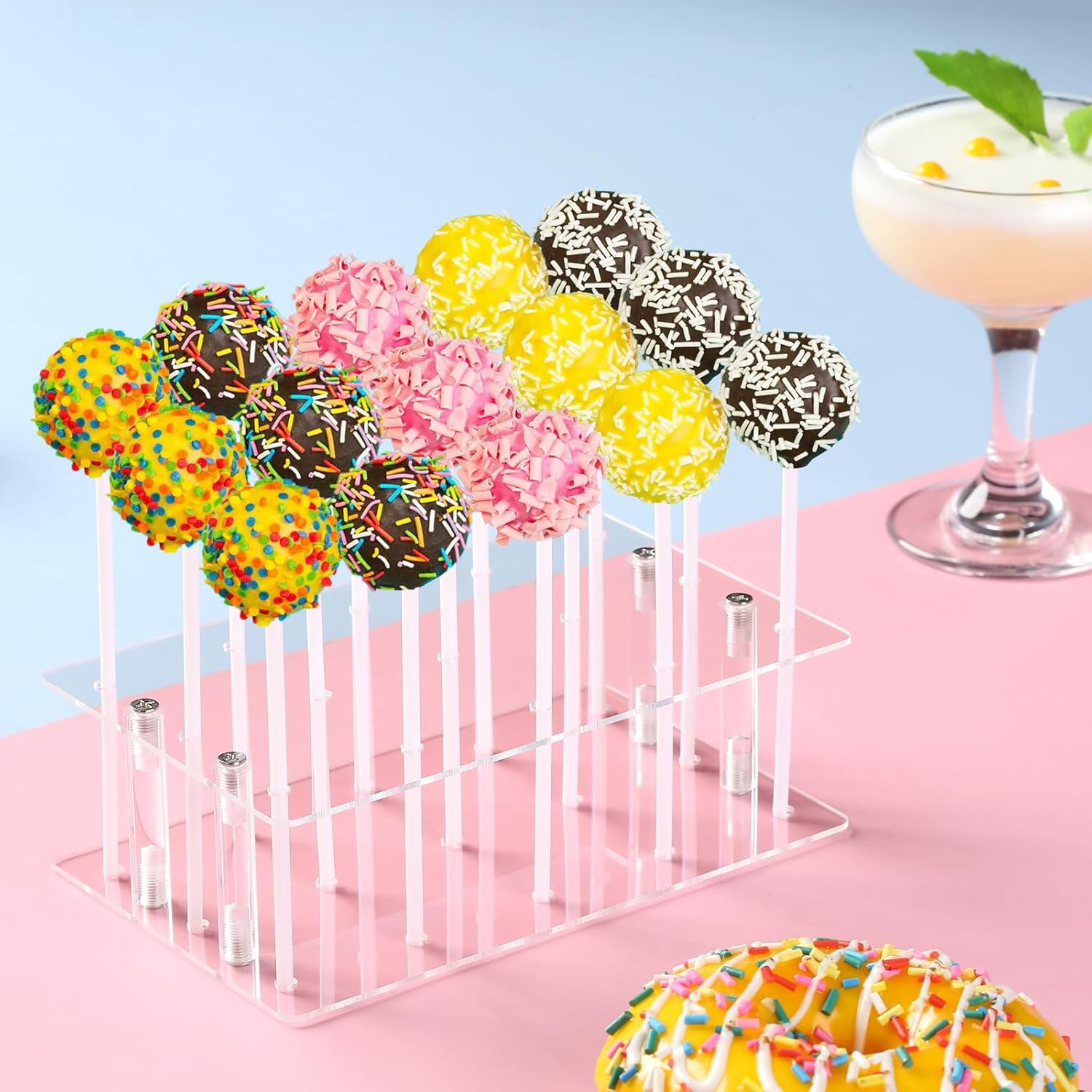2 Pack Cake Pop Stand with Sticks & Wrappers, 15 Holes Acrylic Cake Pops Holder Disply, Clear Cake Pops Sticks Kit, Lollipop Hold Stand for Drying, Dessert Table, Party Supplies - Image 3