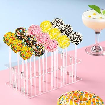 HENABLE 2 Pack Cake Pop Stand with Sticks & Wrappers, 15 Holes Acrylic Cake Pops Holder Disply, Clear Cake Pops Sticks Kit, Lollipop Hold Stand for Drying, Dessert Table, Party Supplies