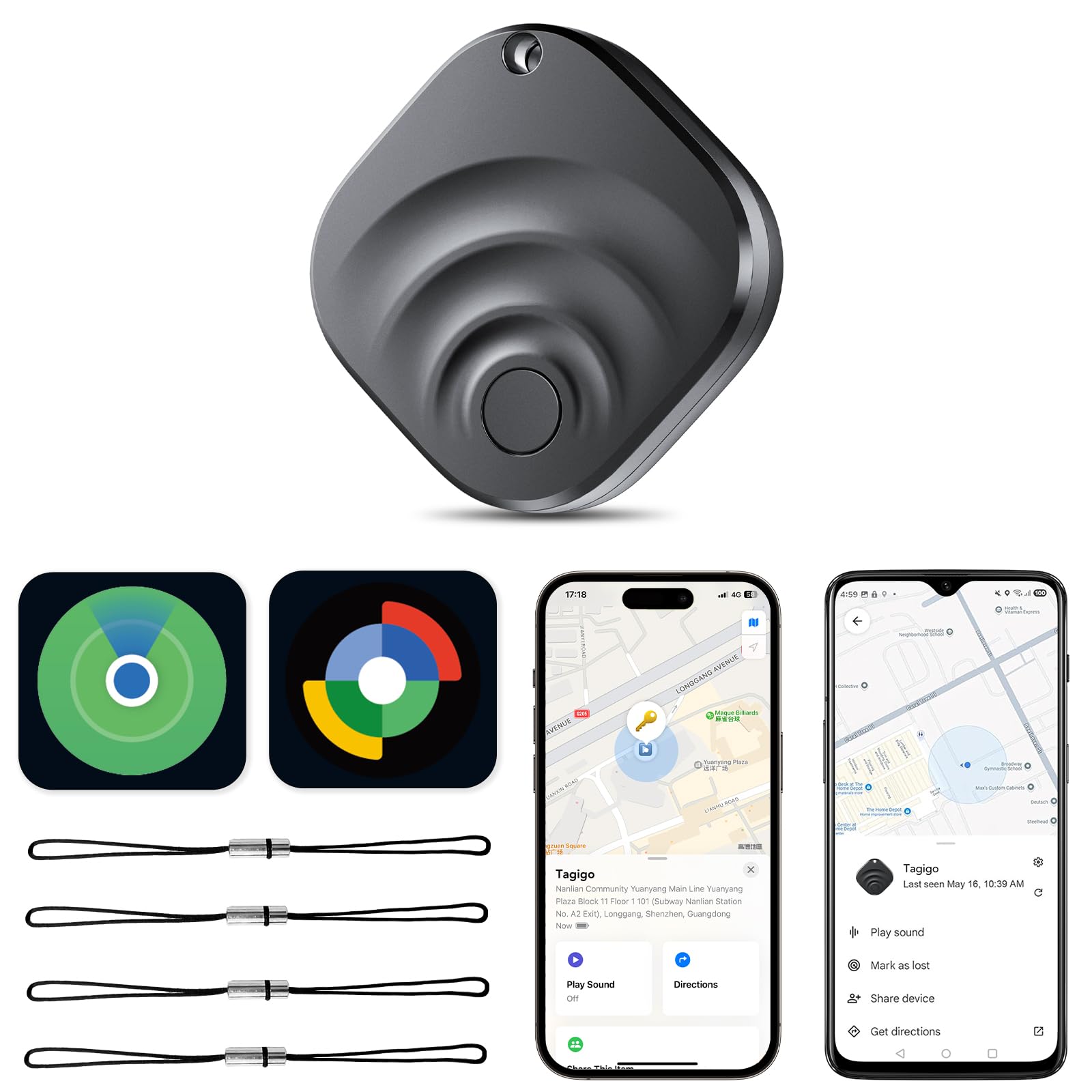 TIMU Smart Tracker Tag 4 Pack for iOS and Android, Bluetooth 5.4 tracker Tag Works on Google and Apple's "Find My" app, 2 Years of Use, IP67 Waterproof Key Finder/Item Finder/Luggage Tracker（Black） — view 8