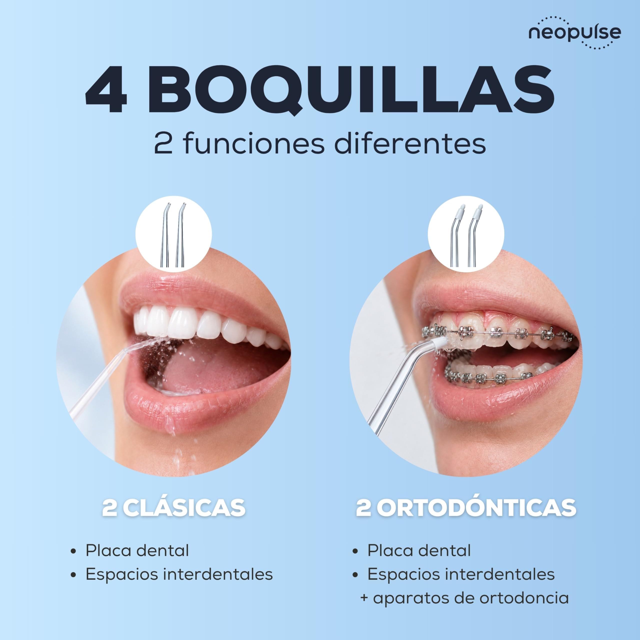 NEOPULSE MY FIRST – Irrigador Dental Portátil, 6 Niveles de Presión, 4 Boquillas Incluidas (2 Clásicas + 2 Ortodónticas), Depósito 165 ml, Recargable USB-C, Ideal Ortodoncia y Encías Sensibles, Blanco