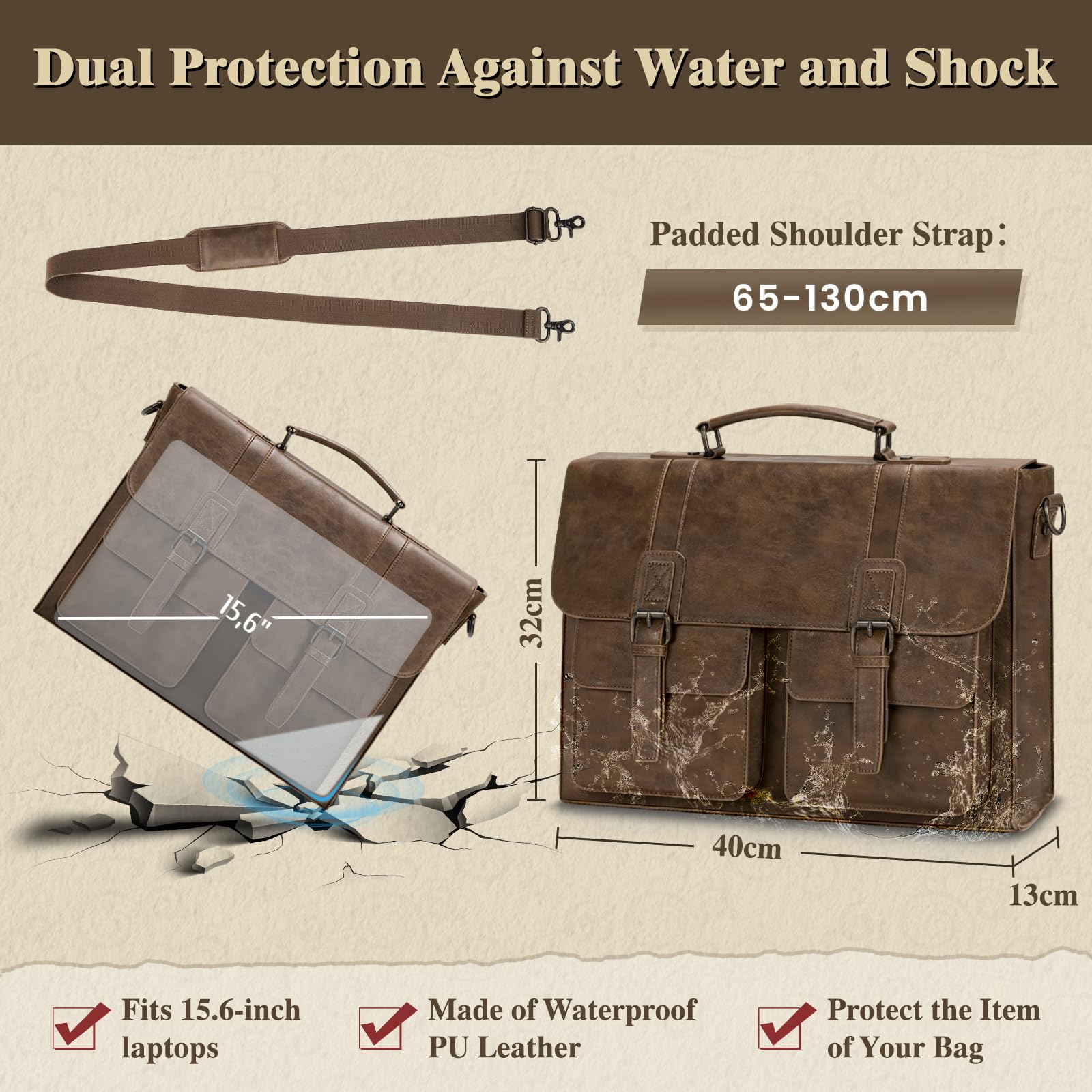 RAINSMORE Aktentasche Herren PU Leder Laptoptasche 15.6 Zoll Messenger Bag Umhängetasche Business Büro DunkelBraun