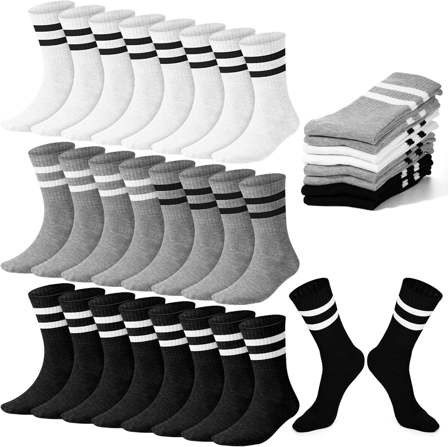 Eurzom 20 Pairs Athletic Striped Crew Socks for Men Women Cotton Retro Socks with Stripes for Skateboard Running Daily