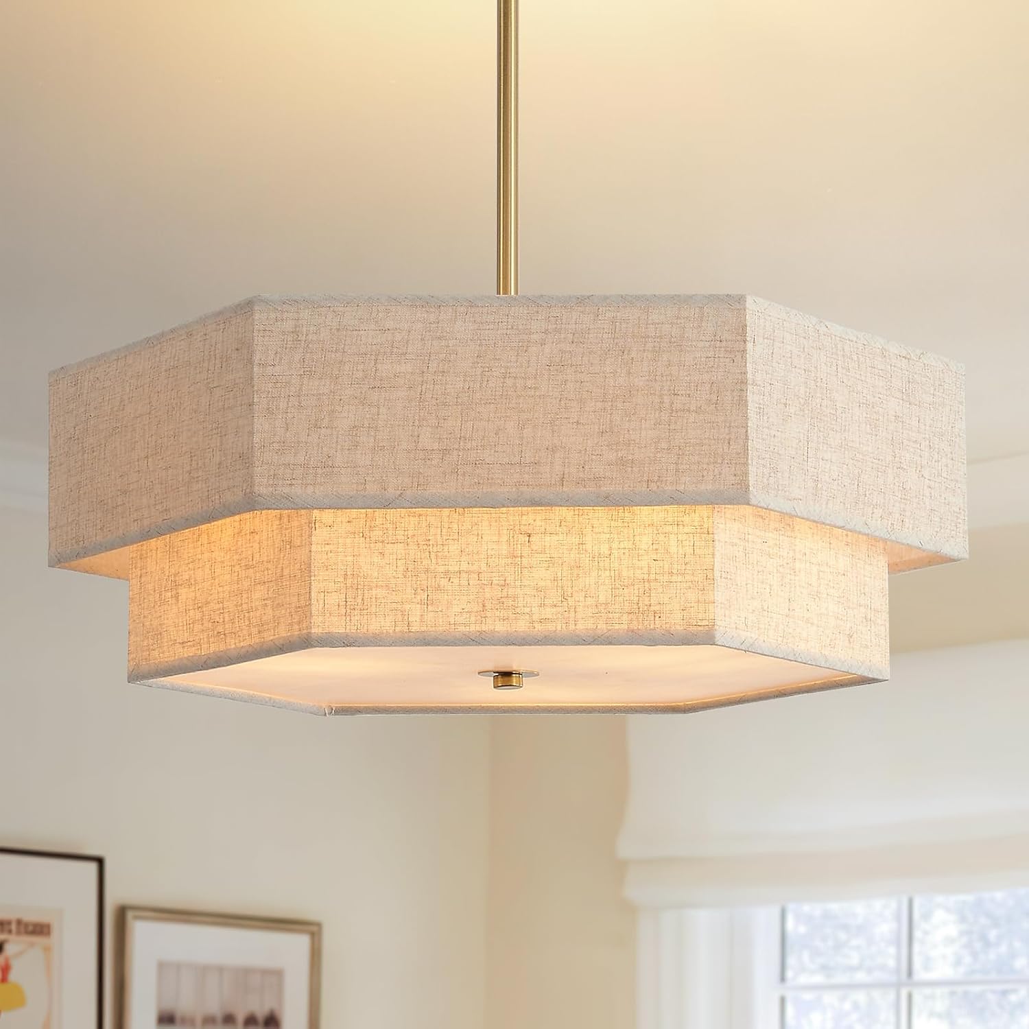 17.7" Modern Chandeliers for Dining Room, 3-Light Ceiling Pendant Light Gold Bedroom Light Fixture with 2-Layer Linen Drum Shade, Vintage Brass Chandelier for Kitchen Entryway Living Room