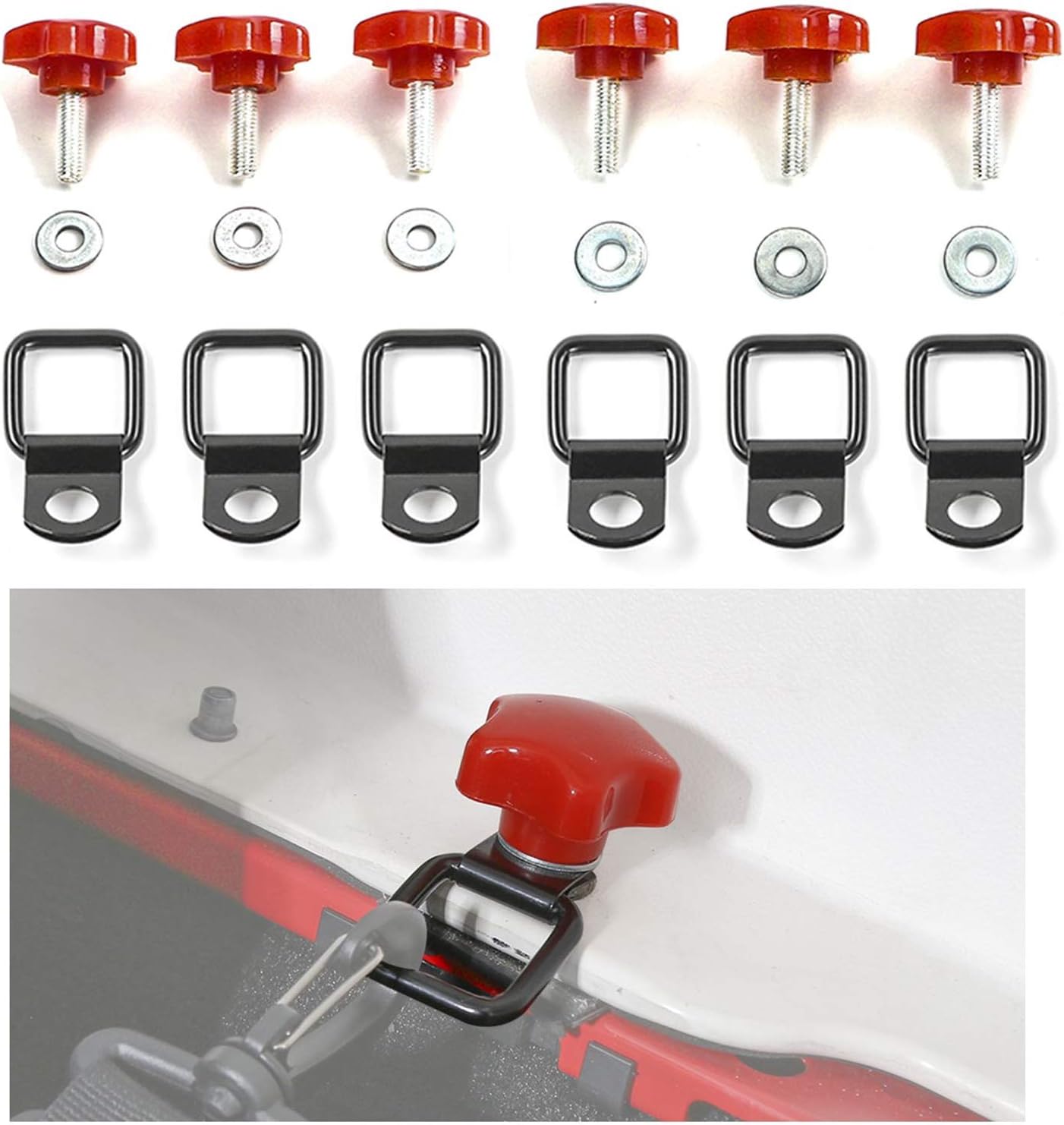 JeCar Hardtop Thumb Screws Quick Removal Hardtop Bolts with 6 Tie Down Anchors Compatible with Jeep Wrangler 2007-2023 JK JL 2/4 Door, Red