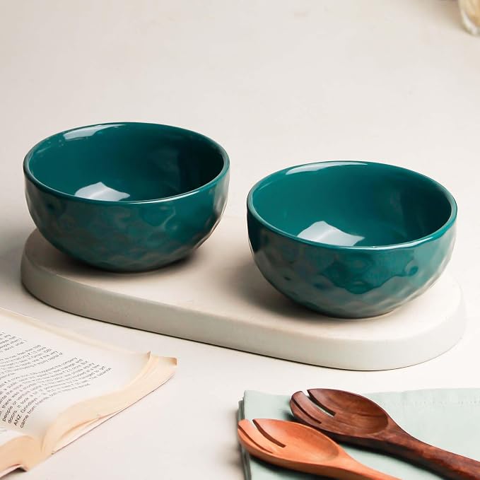 The Earth Store Teal Diamond 500ML Ceramic Bowl Dishwasher & Microwave Safe Bowl Mixing Bowl for Snacks, Pasta, Rice, Dal, Fruits, Salad, Noodles, Maggi and More Serving Bowl- Set of 2