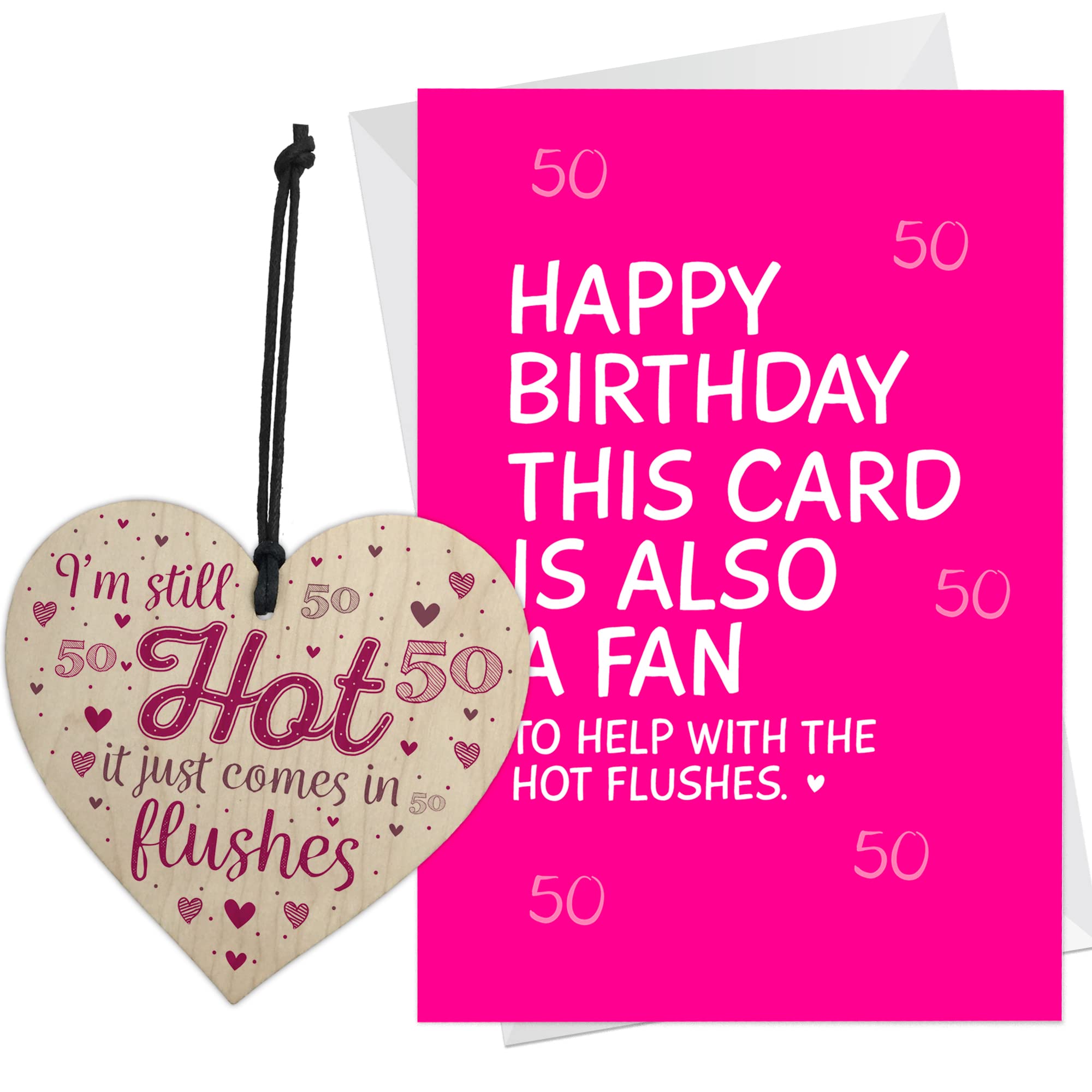RED OCEAN Funny 50th Birthday Gifts For Women Mum Nan Friend Fifty Party Wood Heart 50th Birthday Card Hot Flushes Friendship Gift