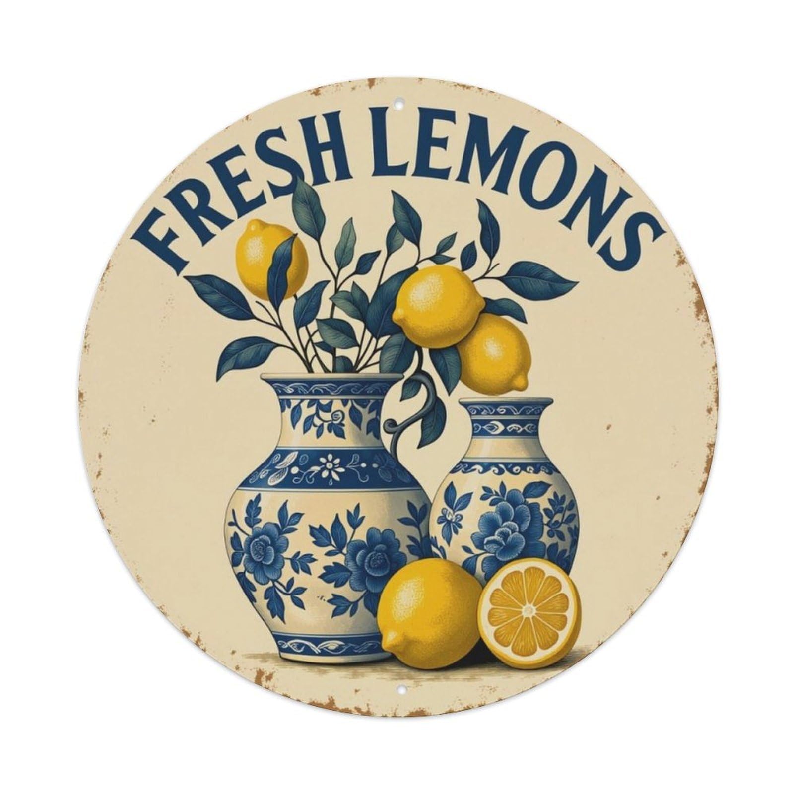 Vintage Blue And White Porcelain Fresh Lemon Round Metal Wall Sign Vintage Aluminium Metal Sign, Retro Wall Decor for Home, Bar, Garage & Farmhouse 20x20cm