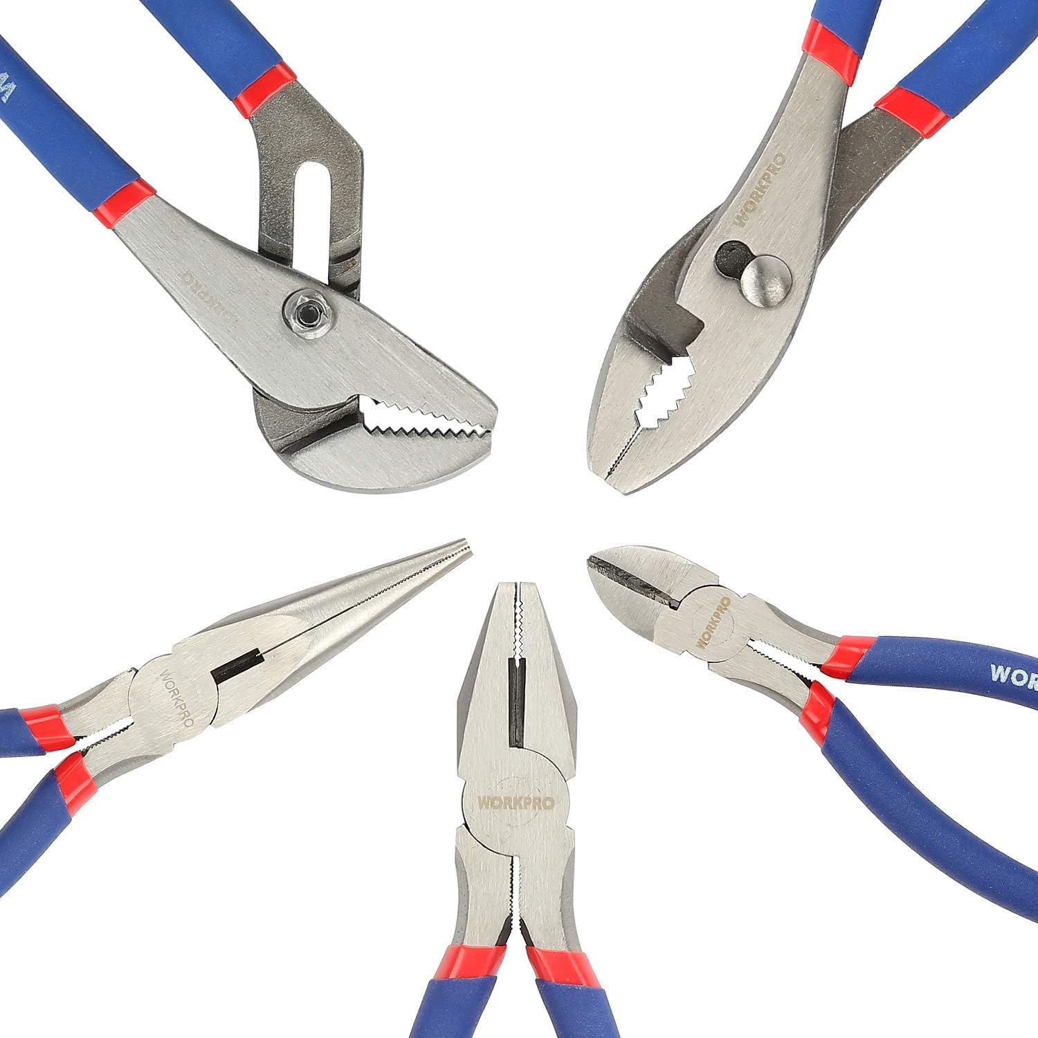 WORKPRO 5-piece Pliers Set (10-Inch Slip Joint, 8-Inch Linesman, 8-Inch Long Nose, 6-Inch Diagonal, 10-Inch Groove Joint) for Basic Home Use