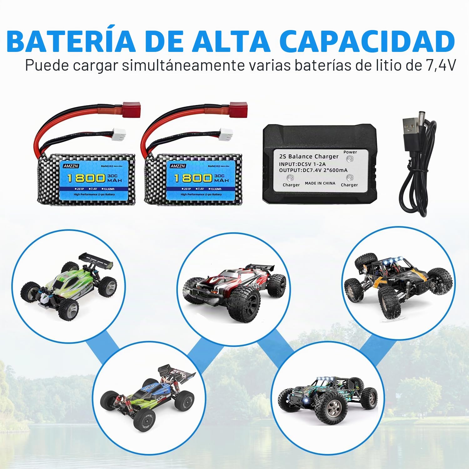 Batería LiPo T 7,4V 2S 1800mAh 30C con cargador 2 en 1 para WLTYOS K929-B A959-B 12401 9200 9200E 300E YC200 HM123 1/10, 1/12 1/16 Coche RC y láser. Coche