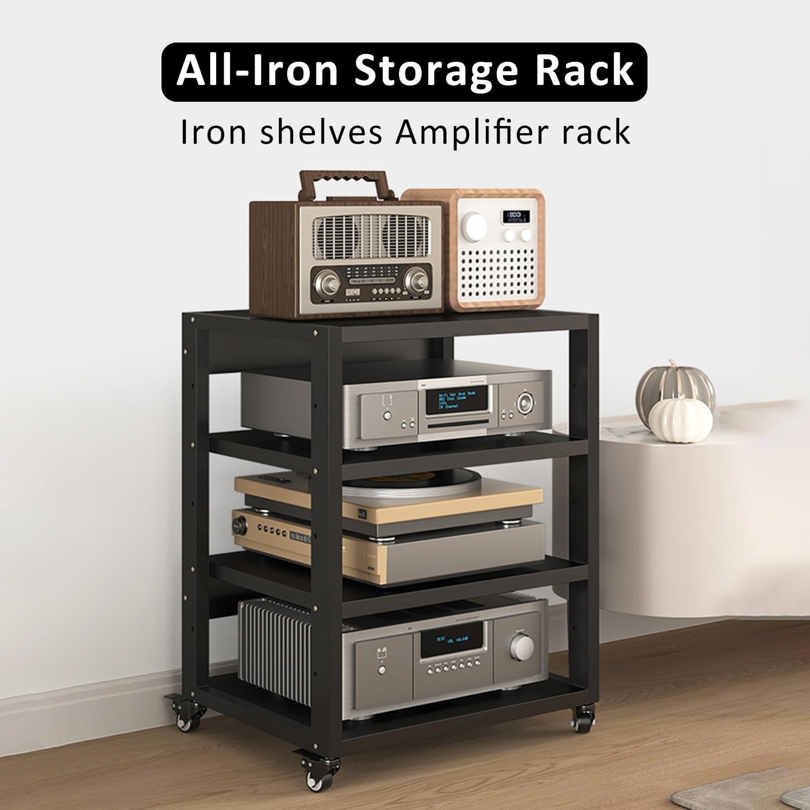 Generico Mobiletto Stereo Moderno con Ruote, mobiletto Porta Dischi in Vinile a 5 Ripiani, Supporto per Supporti Audio-Video, mobiletto Porta TV angolare, ripiano per Router e Dvd.