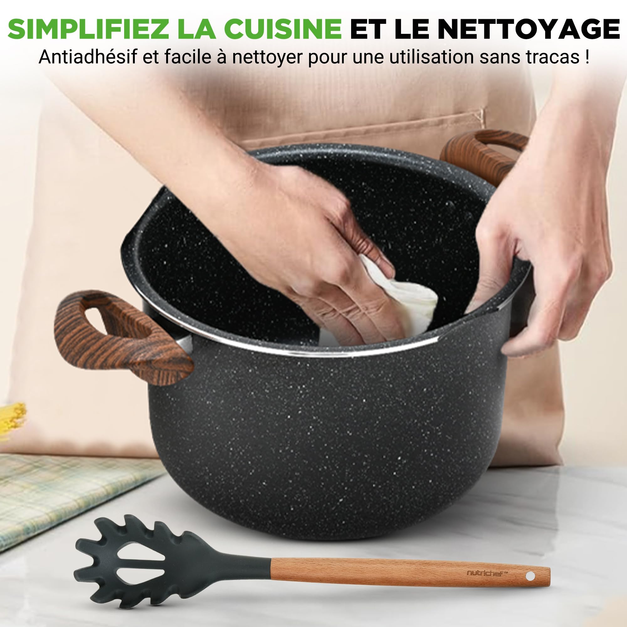 NutriChef Cuiseur à Pâtes 4,7L – Casserole à Pâtes Faitout Antiadhésive avec Égouttoir Intégré et Couvercle Passoire, Poignées Froides, Ustensiles de Cuisine Tous Feux Induction, Noir Marbré