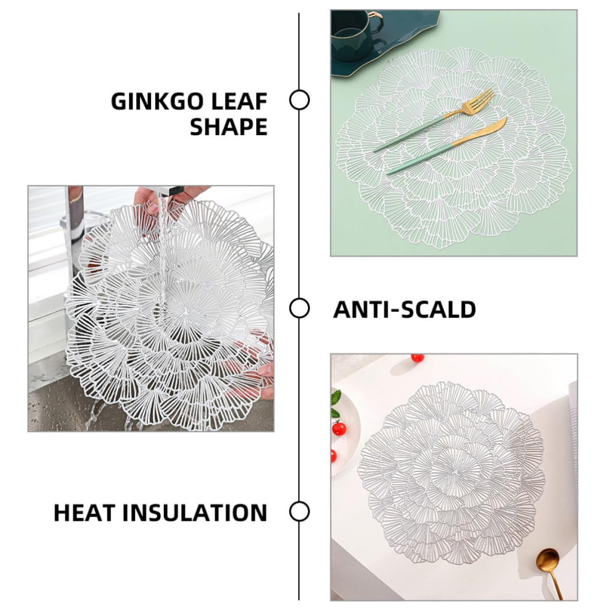 12 Pièces Napperon Lavable Feuille de Ginkgo Argenté en PVC