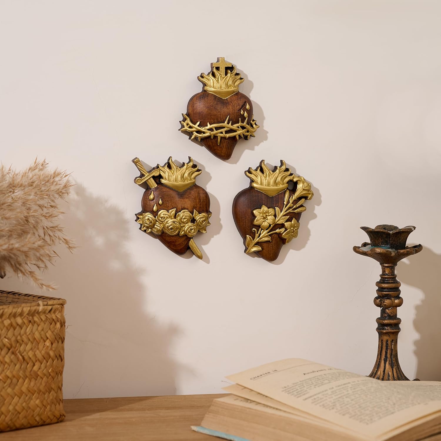 bgcarpenter Three Sacred Hearts Wall Decor Wooden Sacred Heart of Jesus Immaculate Heart of Mary Most Chaste Heart of St.Joseph, Religious Handmade Holy Family Wall Art (6 Inch)