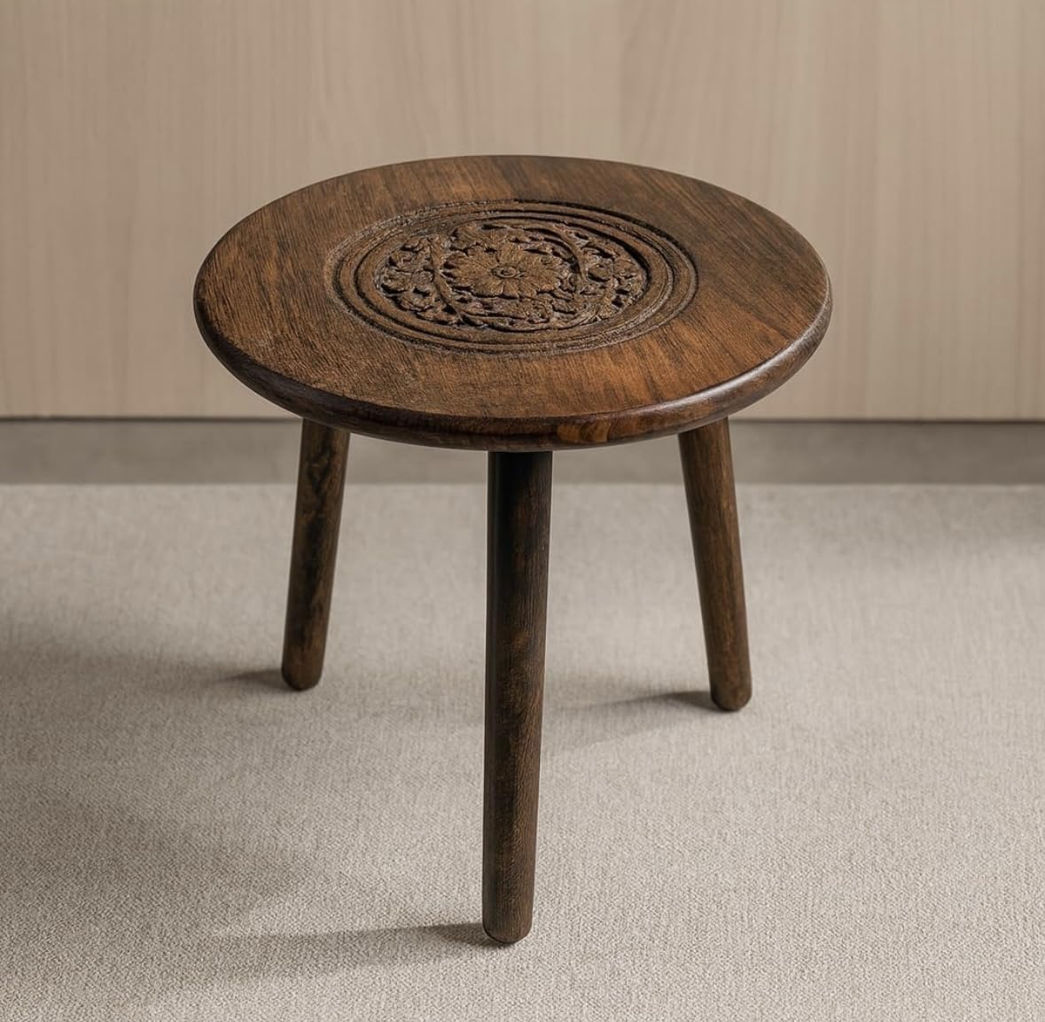 Handcrafted Wooden Stool with Carved Detailing, Dark Finish, Round, for Living Room, Bedroom, Puja Room and Plant Stand (12 inch *12 inch)-picture-23