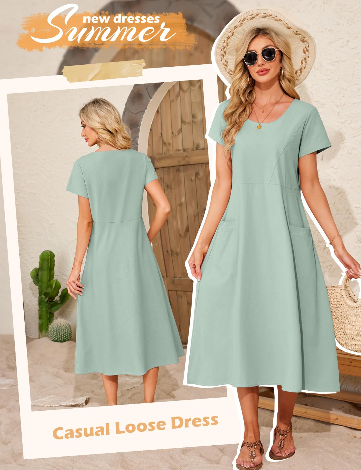 Vestito Donna Estivo Vestiti Lungo Cotone Abito Manica Corta Scollo Rotondo Elegante Vestito da Mare Spiaggia Boho Casual Abiti Lunghi con Tasche