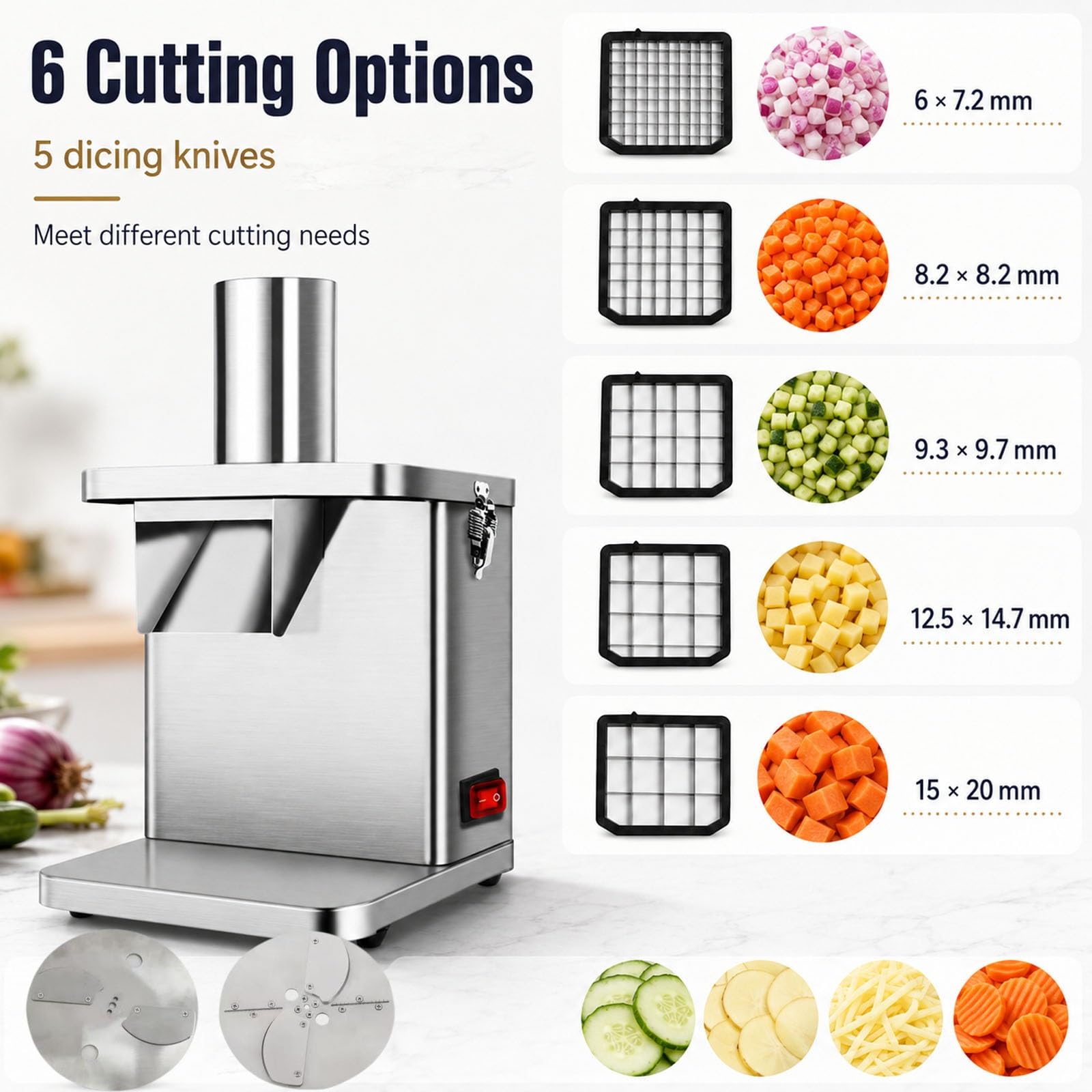 Tagliaverdure Elettrico Da 260 W, Trita Cipolle Professionale Da Banco, Affettatrice E Grattugia per Frutta Con 5 Lame Intercambiabili per Patate, Cetrioli