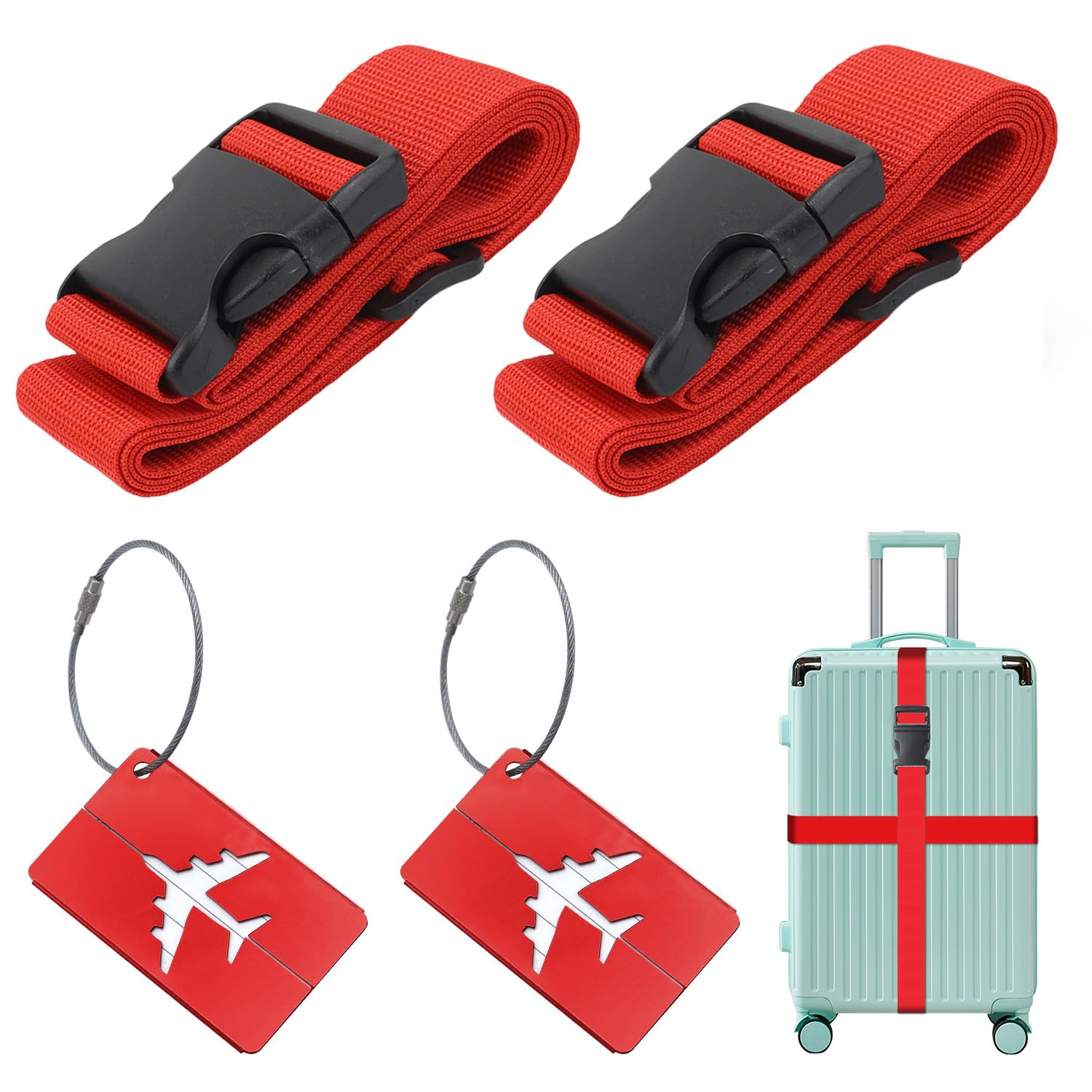 Set Cinghie Per Bagagli – 2 Cinghie + 2 Etichette Identificative, Colori Vivaci, Facili Da Vedere, Accessori Da Viaggio Per Valigie