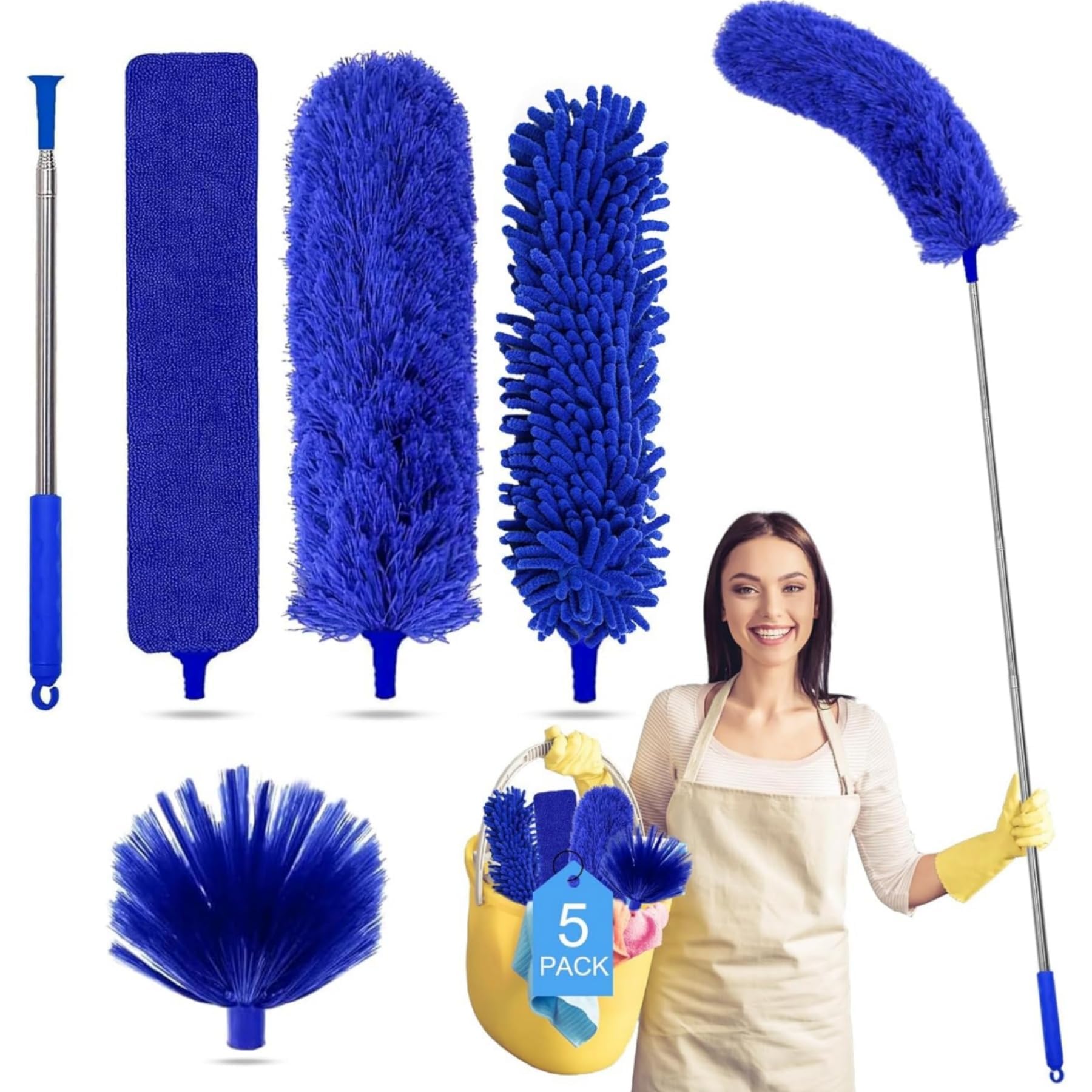 Tiumso Plumero de microfibra 5 en 1, plumero para limpieza, plumero con poste de extensión de 100 pulgadas, plumero de telaraña, plumero de microfibra para techos altos y ventiladores, persianas,