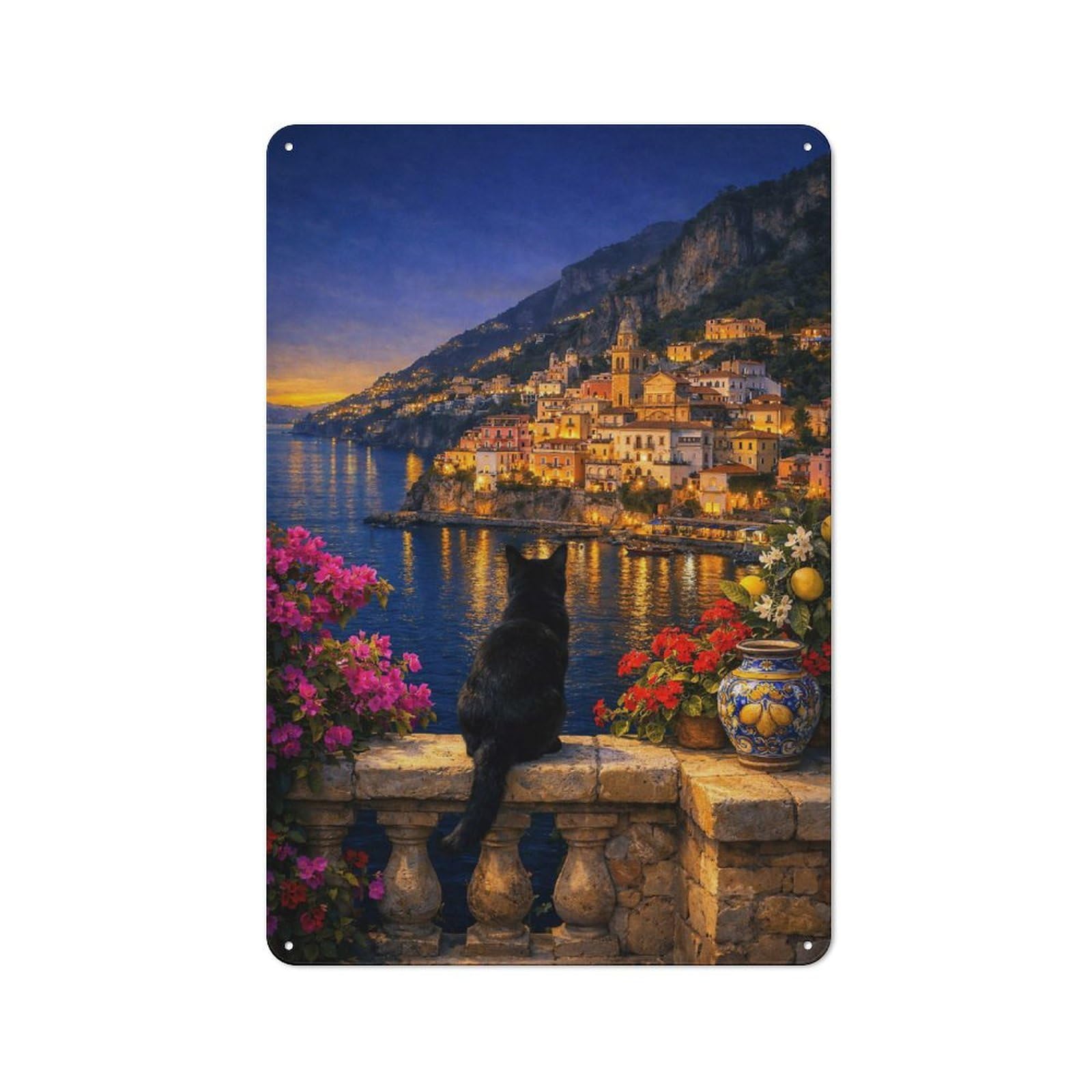 Junmoney Style-9 Tin Sign 30X20cm With Black Cat Overlooking Amalfi Coastal Town For Garage Wall, Rustic Decor, For Kitchen, Dining Room And Home Bar Wall Decor