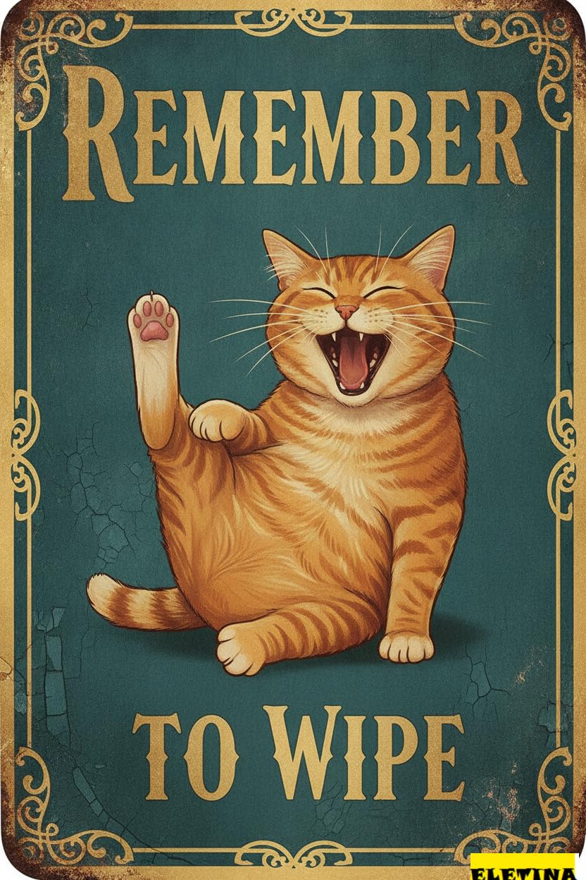 Remember To Wipe Orange Tabby Tin Sign, 12x8 Inch