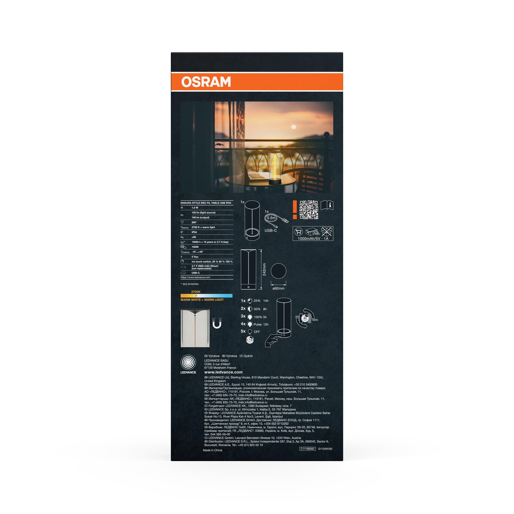 OSRAM Lampada da tavolo LED Endura Style a filamento, 1,2 W, bianco caldo 2700 K, 100 lm, ricaricabile tramite USB, IP54, 14 ore | Endura Style Decor Filamento, illuminazione esterna (speciale), grigio scuro, 92 mm di diametro, 15000 ore, confezione da 1