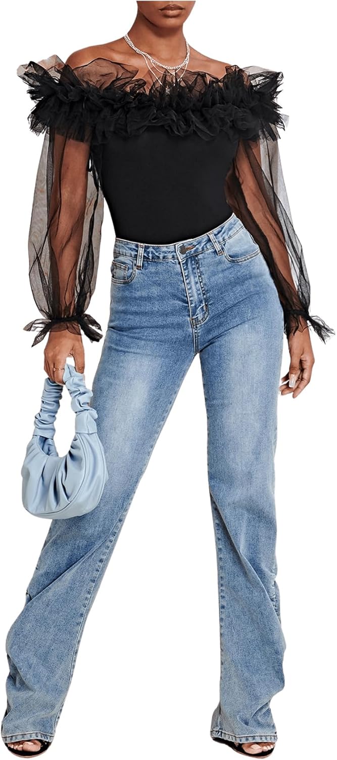 OYOANGLE Women's Ruffle Off Shoulder Blouse Mesh Puff Sleeve Party Tops Fitted Tee Shirt - Image 6