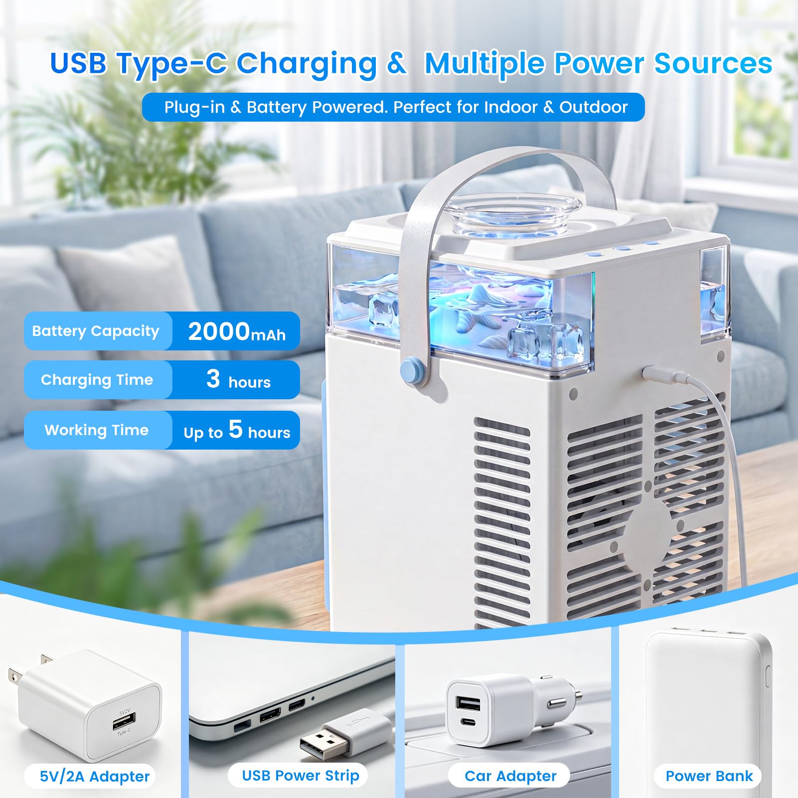 Aire Acondicionado Portátil Sin Tubo 5 en 1, Mini Aire Acondicionado Portátil, Climatizador Evaporativo con Control APP, 3 Velocidades, 3 Modos Niebla, Temporizador, Ventilador con 6 Cubiteras Hielo
