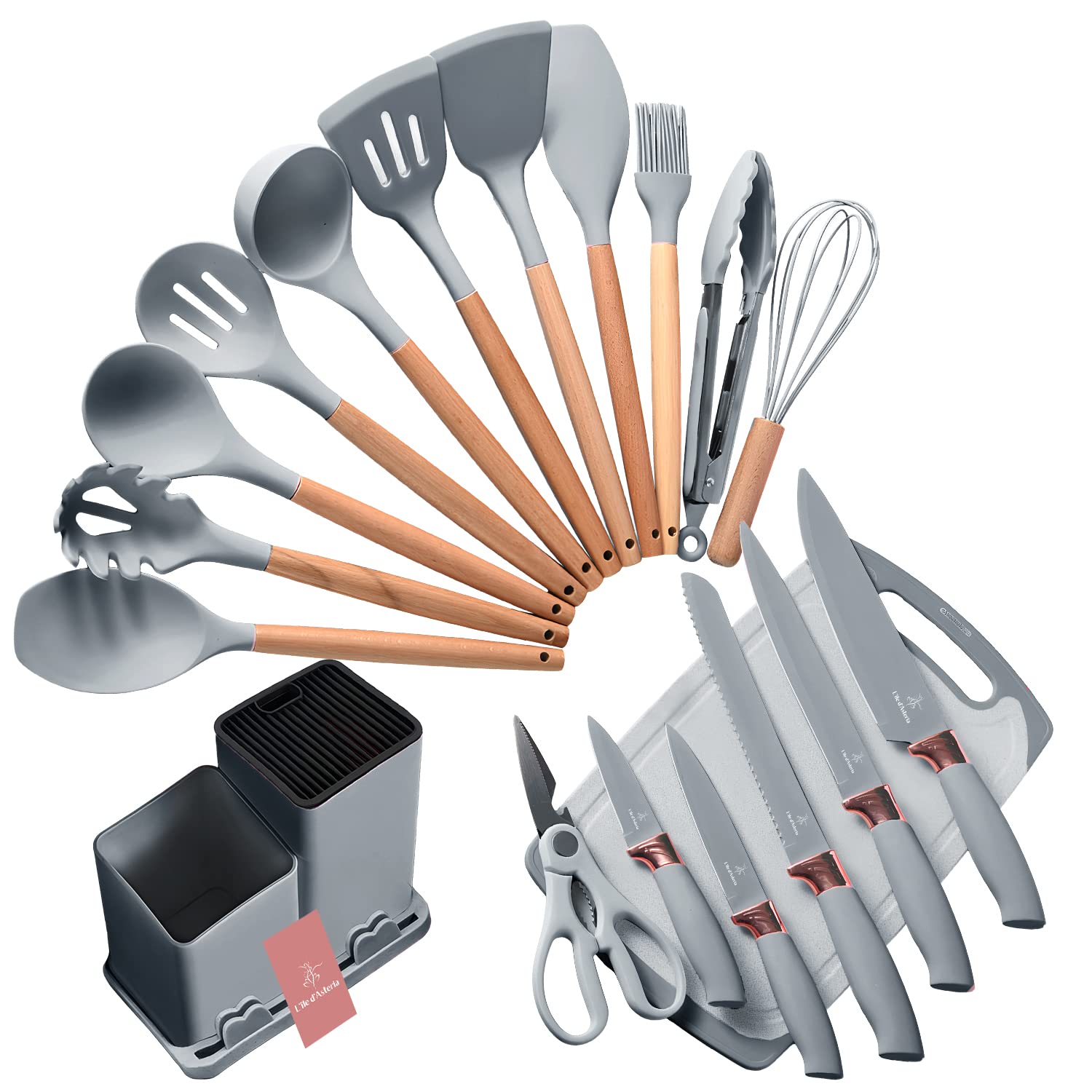 19-Piece Kitchen Knife and Utensils Set with Storage Rack, Silicone Cooking Utensils Set, Heat Resistant Kitchenware including cutting board, spoons whisk scraper spatula (Grey)