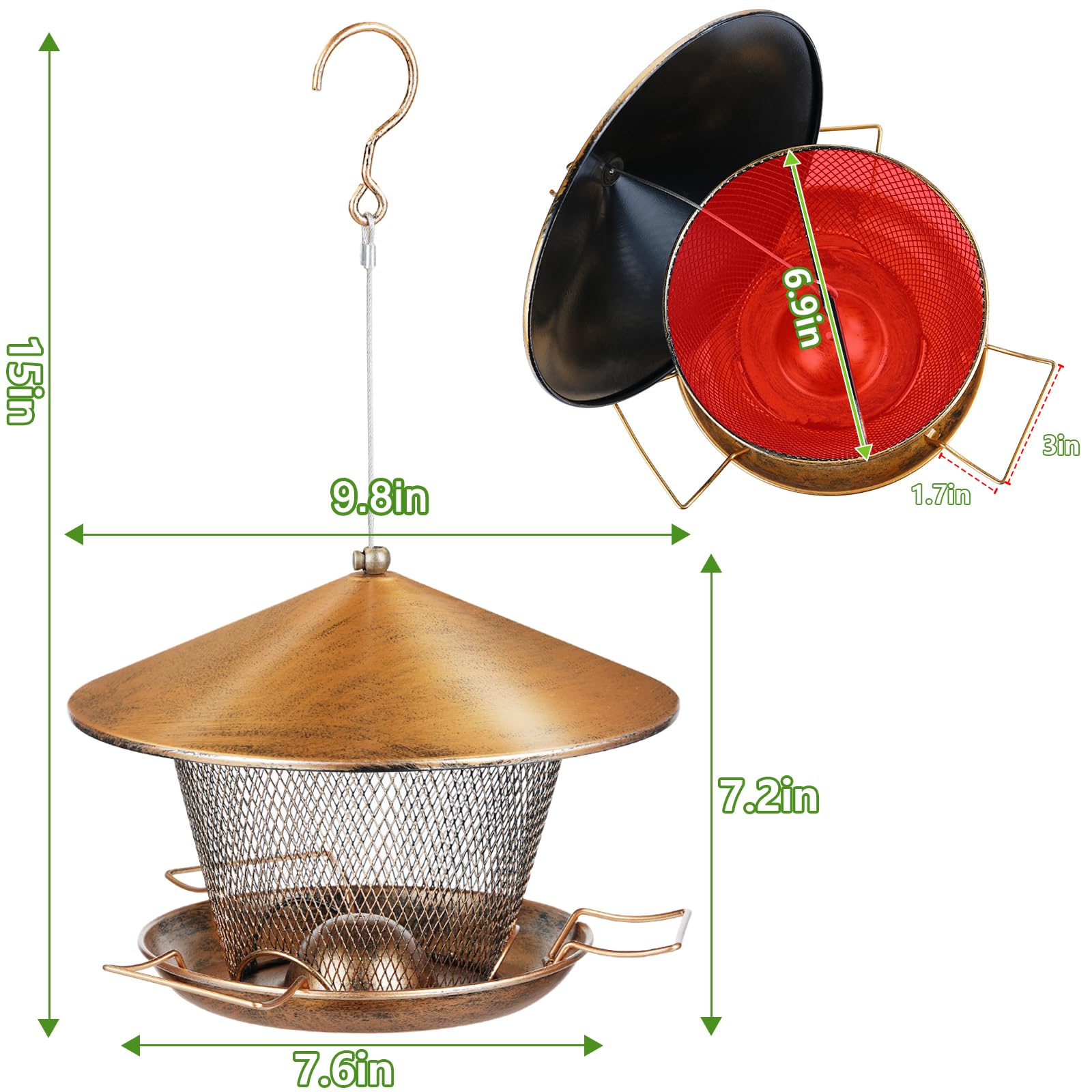 Samhe Bird Feeder for Outdoor Hanging, All Metal Weatherproof Wild Bird Feeder with 9.8" Roof, 3.5 LBs Seeds Capacity, Easy to Clean & Refill - image 2