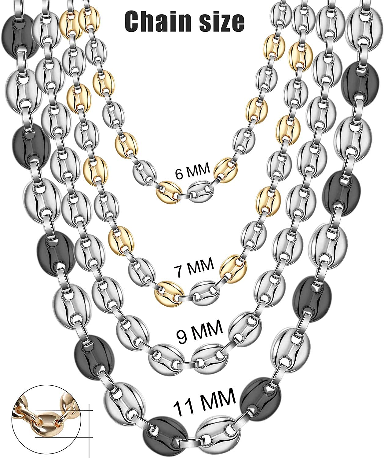 AURSTORE Ensemble, Parure Chaine 56cm et Bracelet 21cm en graine de café en Acier Inoxydable Homme (Argent, 11)
