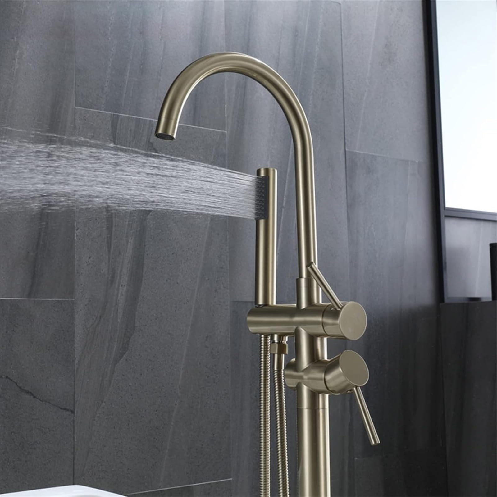 ry Rubinetto per vasca da bagno in ottone spazzolato, 2 modalità di montaggio a pavimento, con beccuccio girevole a 360° e doccetta per bagni moderni, facile da installare