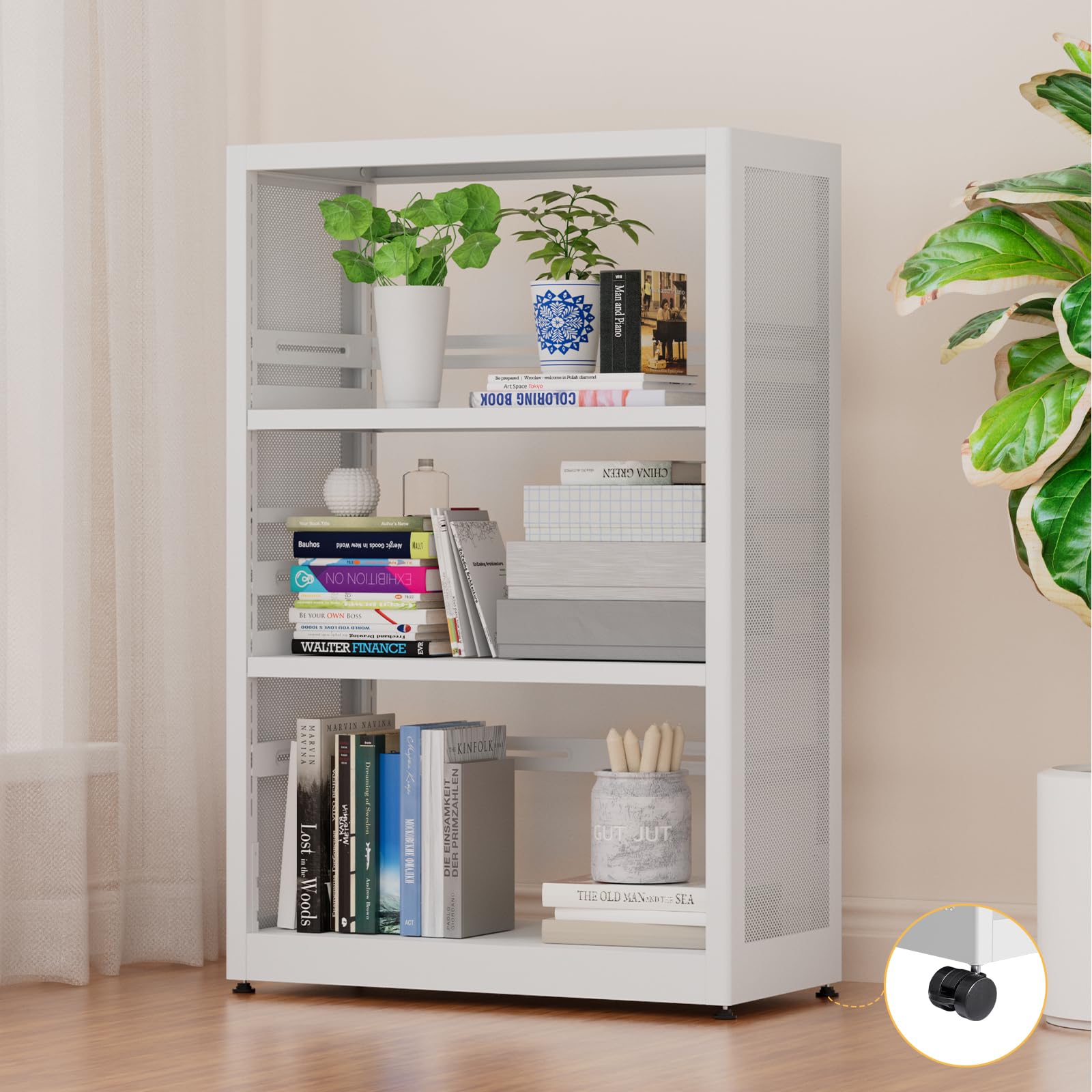 3-Tier Book Shelf, White Bookcase with Adjustable Shelves, Tall Metal Display Shelf with Wheels - Industrial Bookshelf for Kitchen, Living Room,